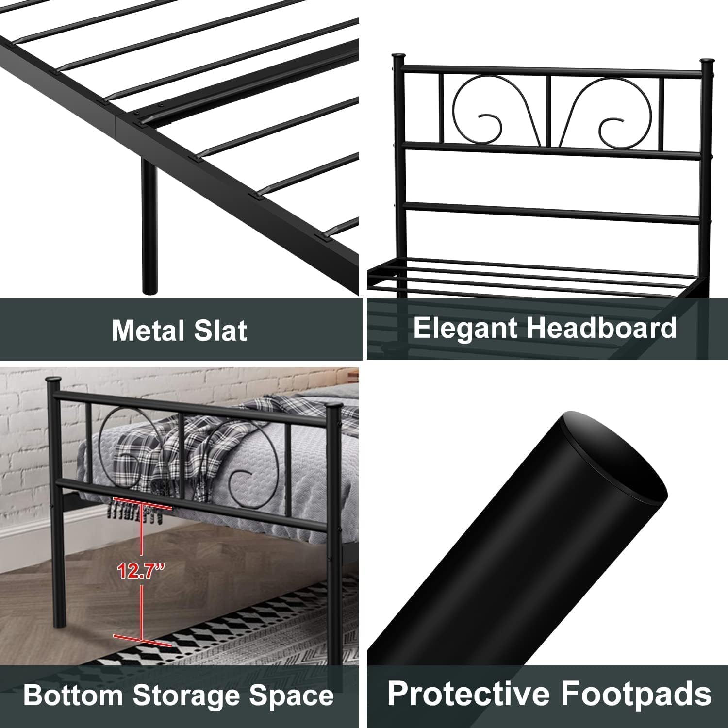 Twin Bed Frames Black for Boys Teenagers Adult, Single Platform Steel Bed Frame with Storage Girls Twin Size Beds Mattress Foundation Metal Slats Support with Headboard Footboard No Box Spring Needed