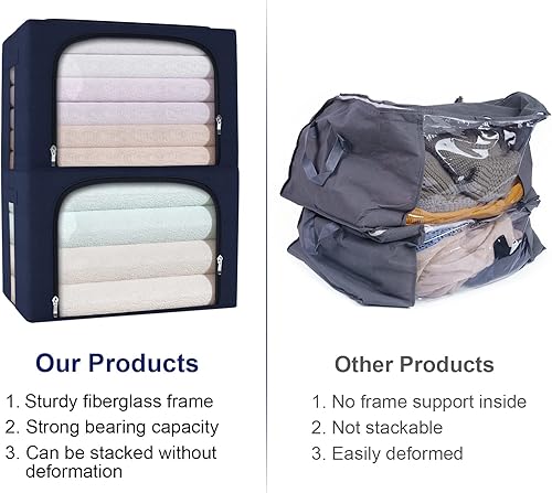 Miniatura 5 de Organizador de bolsas de almacenamiento de ropa de gran capacidad de 66L, paquete de 3 con marco de fibra de vidrio, tela Oxford para edredones,