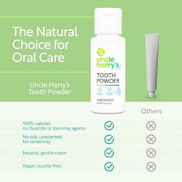 Uncle Harry's Unscented Tooth Powder | Alkalizing All Natural Enamel Support for Sensitive Teeth | No Essential Oils | Powder Toothpaste for Gum Health & Fresh Breath (2 oz)