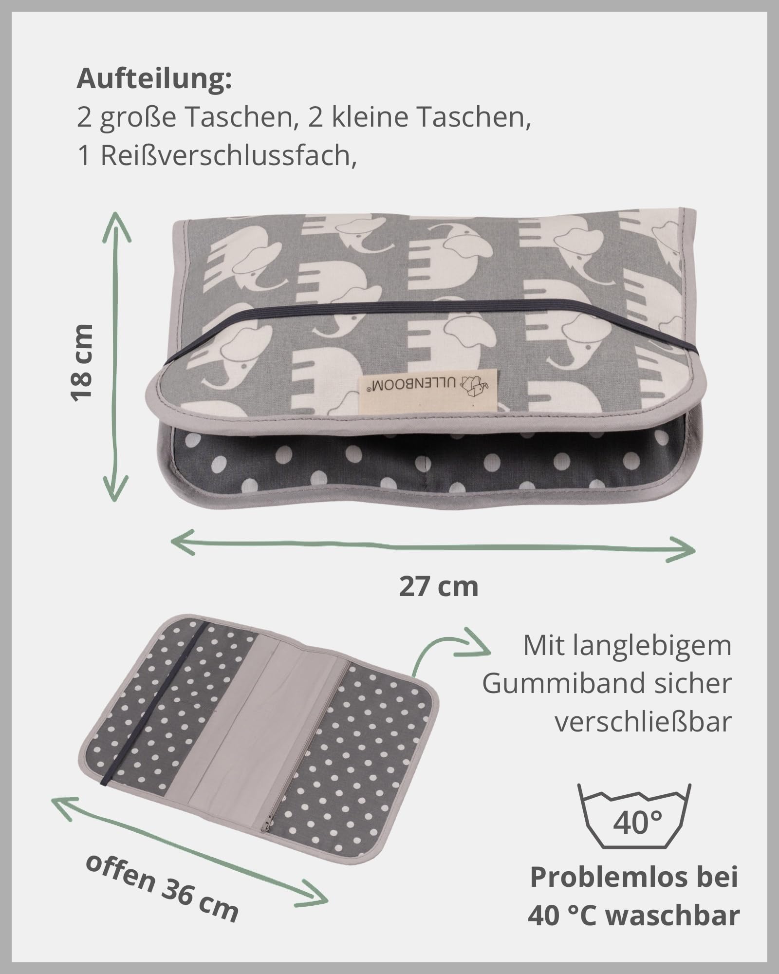 ULLENBOOM ® Sac à couches Eléphant gris (Made in EU) - Sac à langer pour jusqu'à 3 couches, lingettes & accessoires, pochette couches avec zip & élastique, petit & discret
