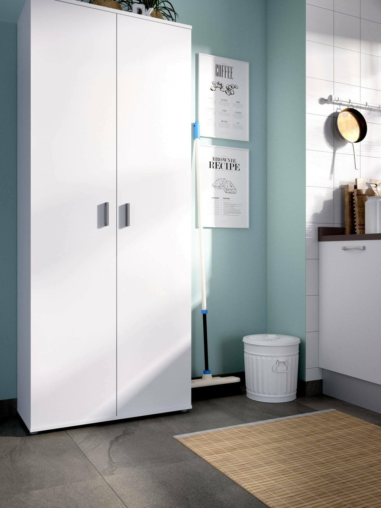 Dmora - Armadio multiuso 2 ante Forcola, Mobile multifunzione porta scope, Guardaroba porta scarpe, 78x35h190 cm, Bianco