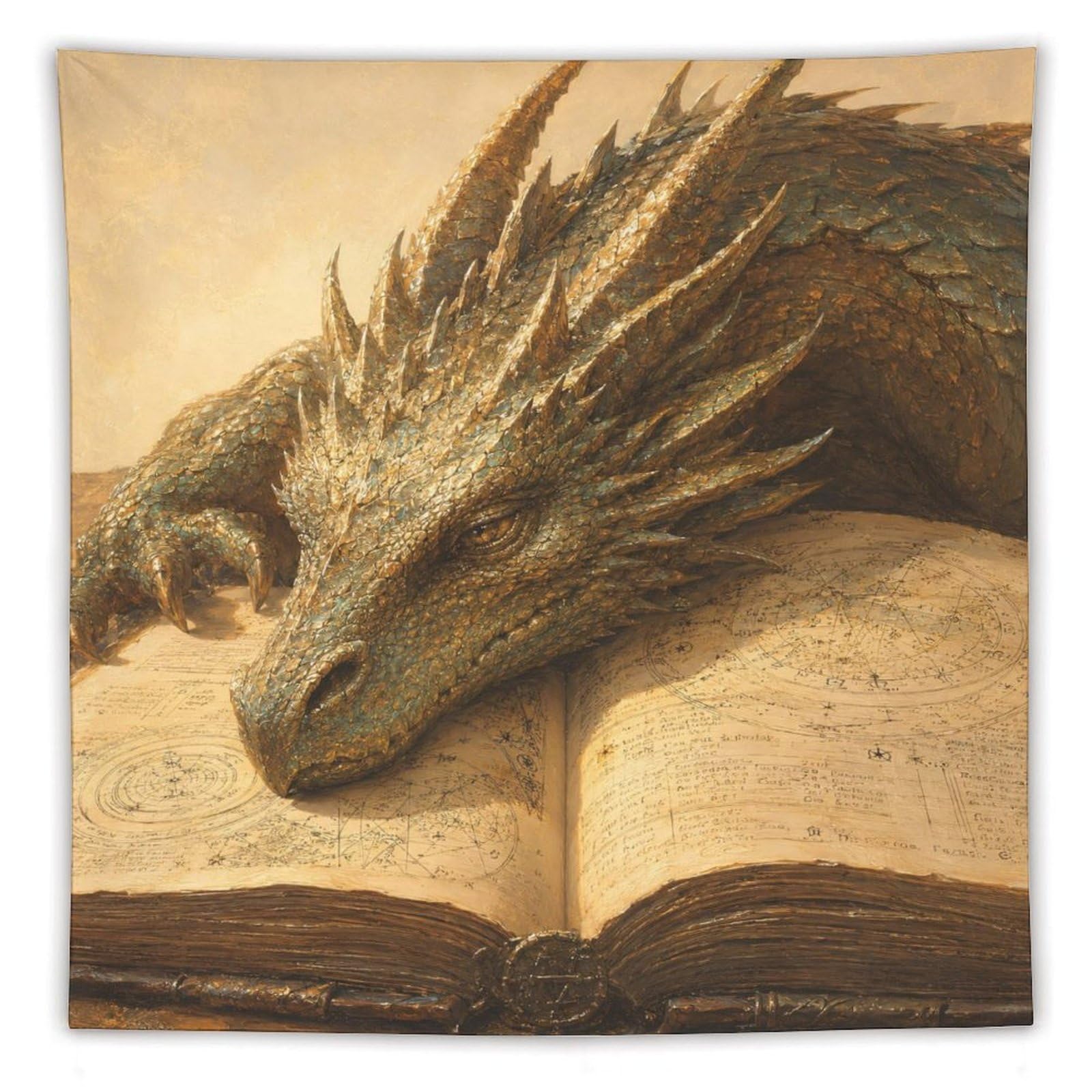 W7C8U2X3 Golden Dragon Sleeping on Book Wall Tapestry, Living Room