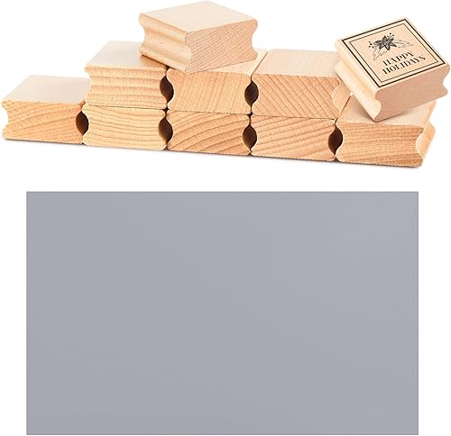 Sasylvia 10 Pcs Blank Hard Wood Rubber Stamp Mounts with A4 Size Grey Rubber Stamp Sheet Laser Engraver Accessories Rubber Stamp Carving Tools Soft