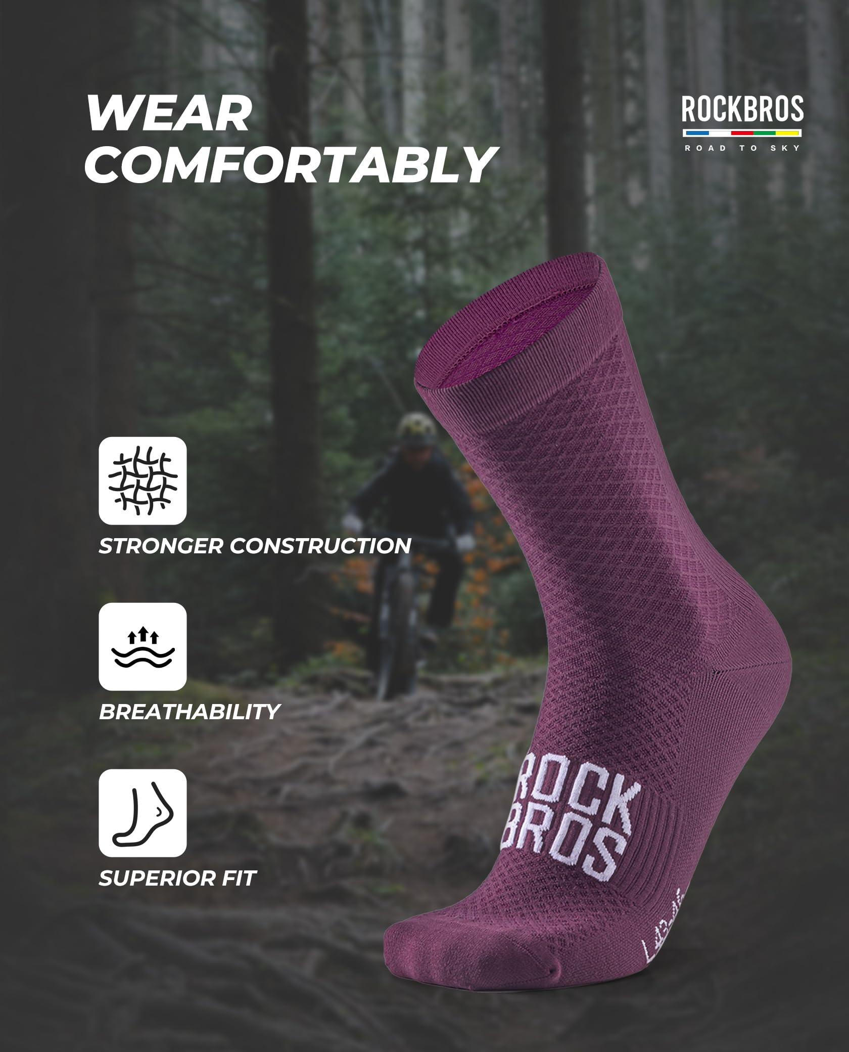 ROCKBROS Road to Sky Fahrradsocken, Sportsocken Atmungsaktive Baumwolle, Lange Laufsocken Herren Damen, Rutschfeste Socken für Rennrad Mountainbike Mehrfarbig S-L
