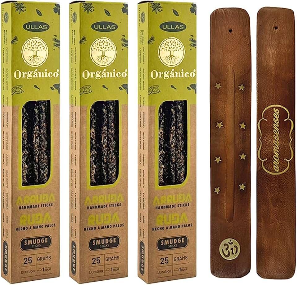 Aromasenses - Pack 3 Cajetillas de Incienso Orgánico Ullas Ruda + 1 Tablilla Aromasenses | Incineso 100% Natural y Ecológico | Aromaterapia con Hierbas Naturales | 25 gr. x 3 = 45 gr. |