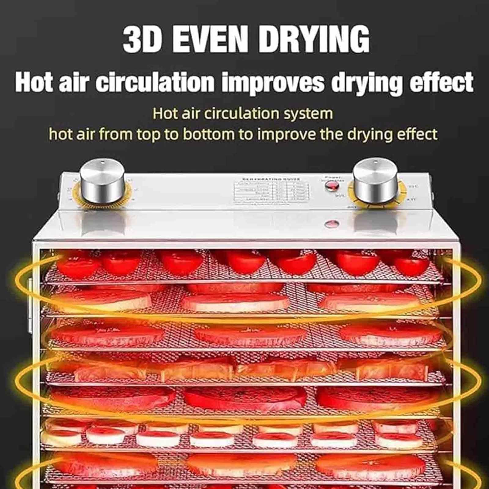 Essiccatore per alimenti a 8 strati in acciaio inossidabile, essiccatore elettrico commerciale per frutta con timer (0-12 ore) e temperatura regolabile (40-90℃), essiccatore efficiente per uso