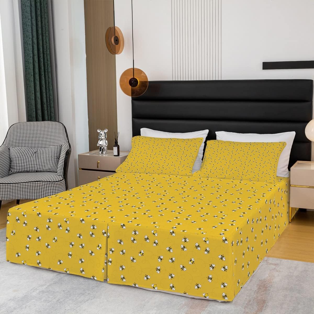 Cute Bees Bed Skirt, Cartoon Bee Yellow Bedskirt Decorative for Kids Boys Girls,Nature Spring Garden Bee Wrap Around Microfiber Fitted Sheet Bedding with Split Corners for Bedroom Decor King Size