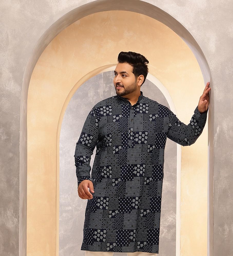 Image of SOJANYA Plus (Since 1958) Men's Cotton Blend Sanganeri Printed Long Kurta