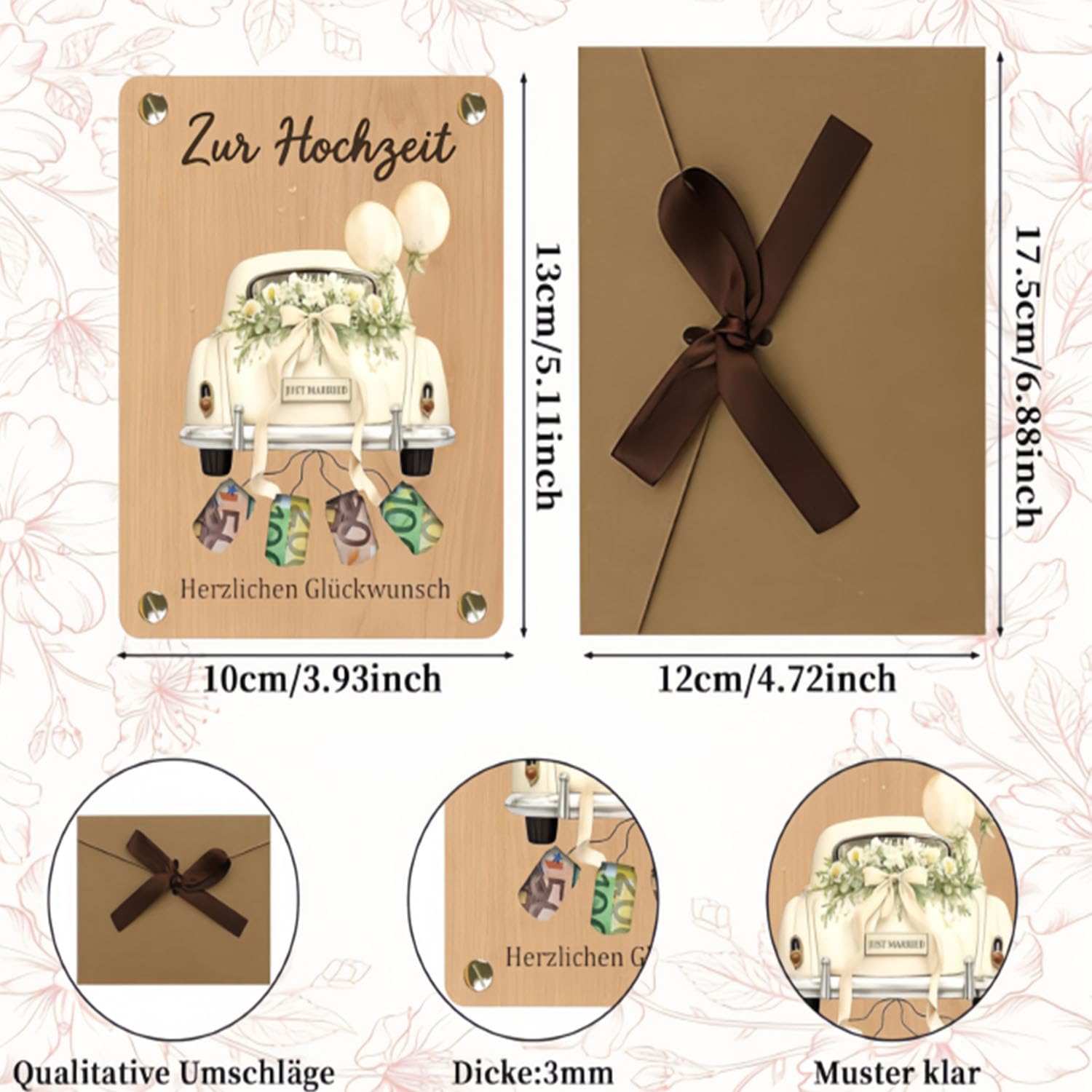 13 x 10 cm Biglietto Auguri In Legno, idealny na gratulacje ślubne | Ozdoba samochodu dla nowożeńców z drewnianą kopertą, romantyczny styl i pełna miłości