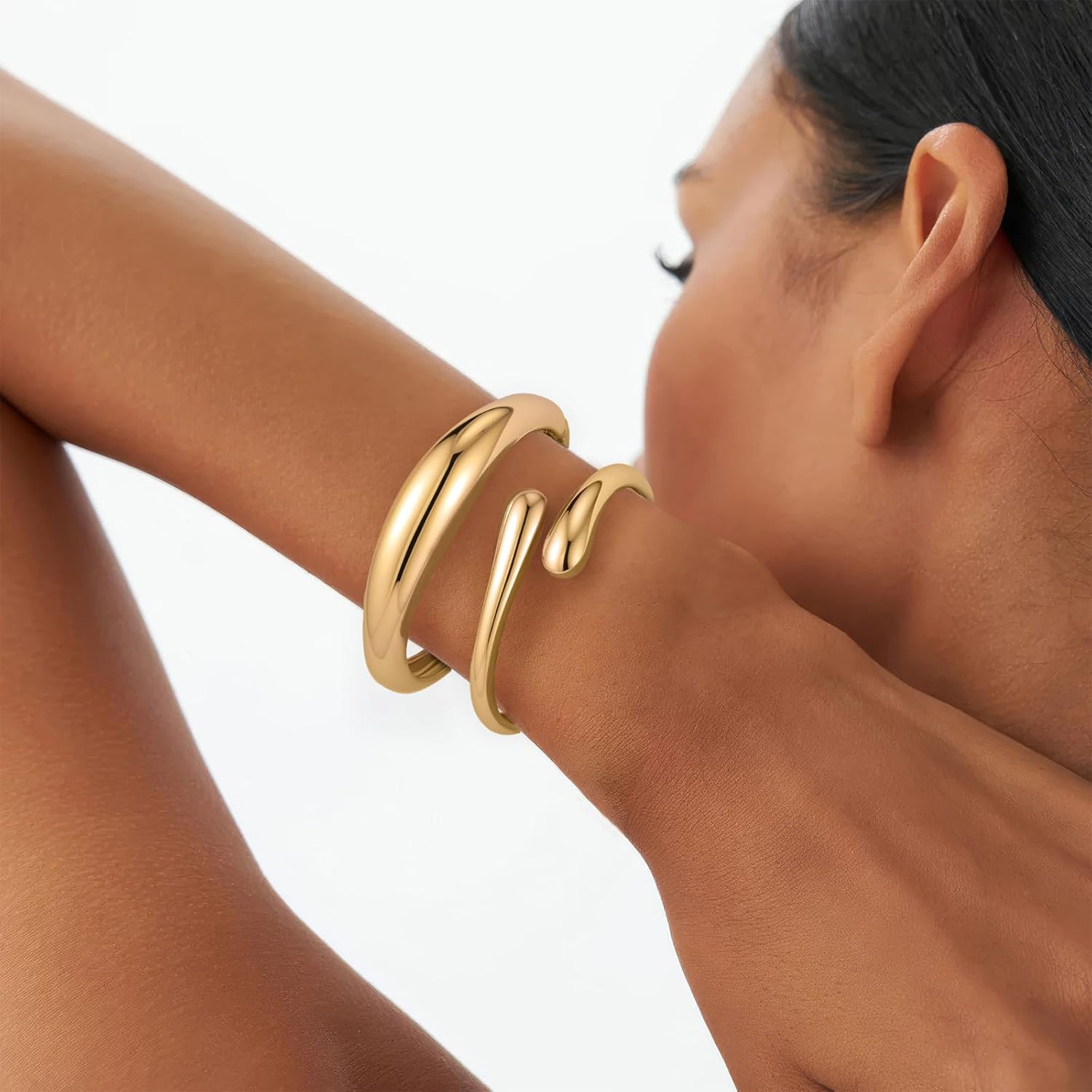 Yowivon Gold Bangles Bracelet for Women, Irregular Chunky Gold Bracelet Teardrop Wave Twisted Hinged Open Bangle Bracelets, Non Tarnish 18K Gold Plated Thick Cuff Bracelets Trendy Jewelry Gifts - Image 5