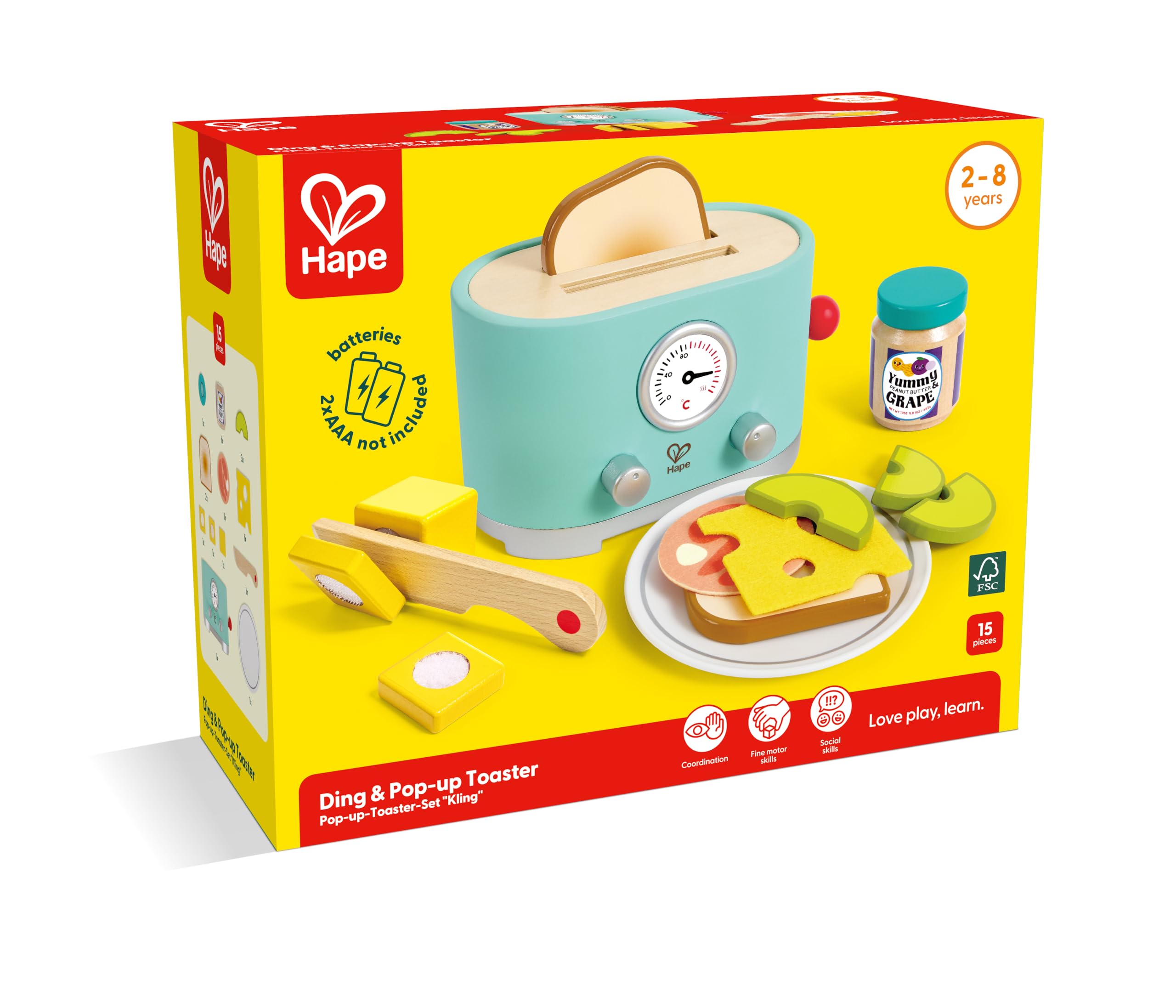 Hape Zestaw tosterów Ding & Pop-up, timer i akcesoria, realistyczna zabawa, wiek 24 m, fantazyjna zabawa