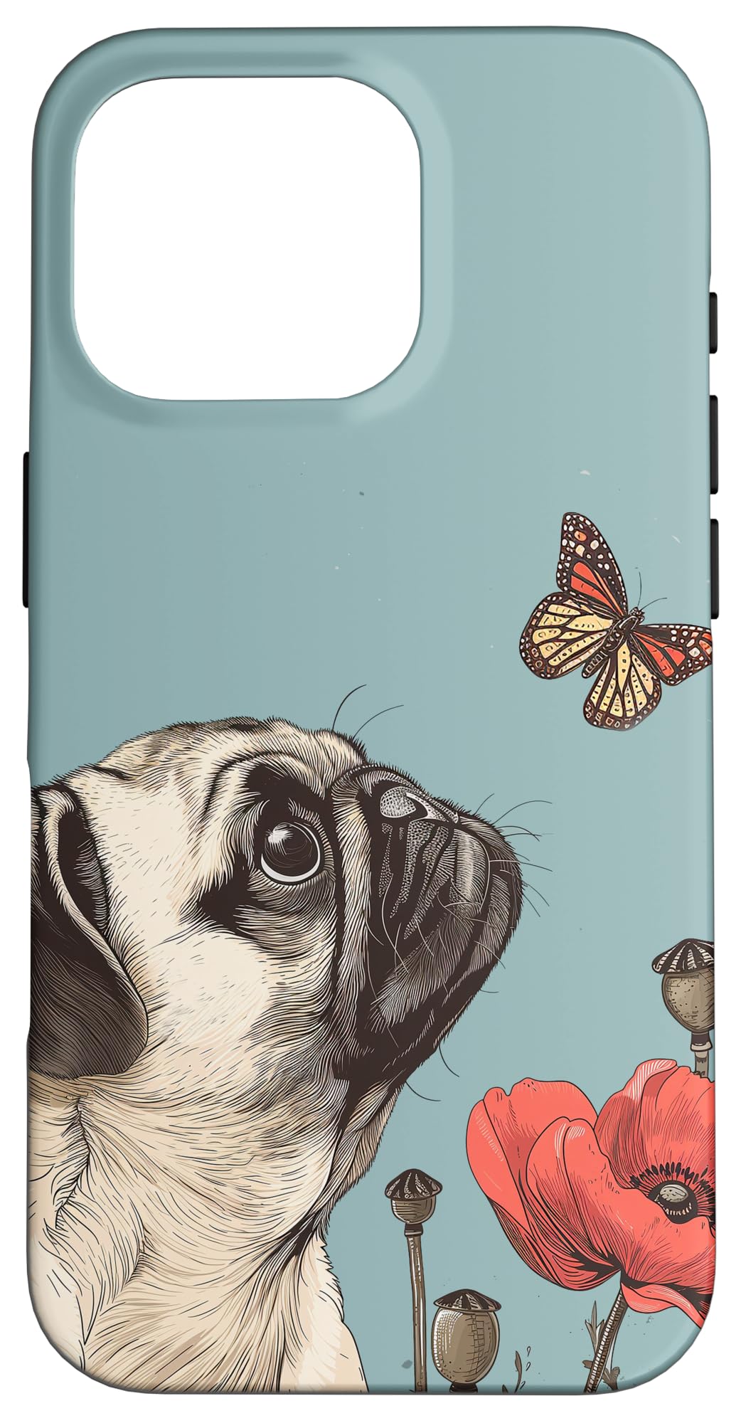 Pug Butterfly Cute Dog Flowers Pug Case for iPhone 16 Pro