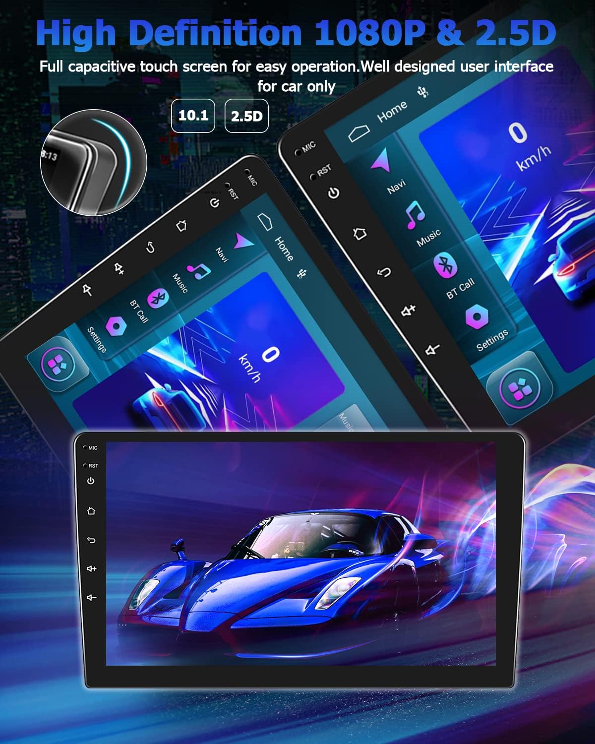 Screenshots of GPS navigation and online app access on the car stereo