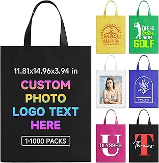 WACAR Sacos personalizados a granel de 10/50/100/500/1000, artigos promocionais com o seu logotipo, sacos de compras personalizados, sacos reutilizáveis com alças de 15 x 12 x 4 polegadas, 6 cores
