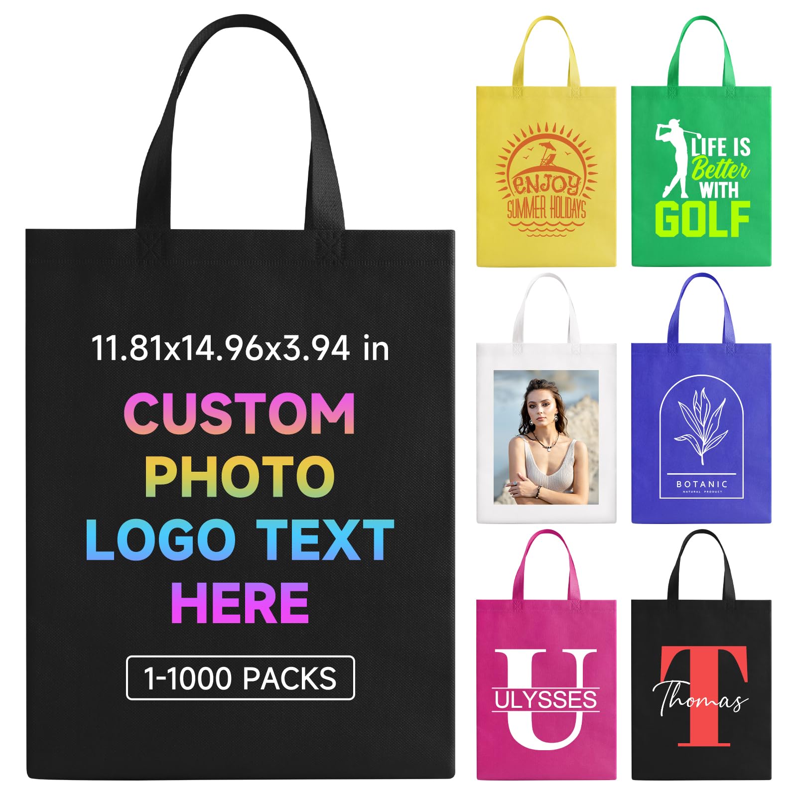 WACAR Bulk Custom Tote Bags 10/50/100/500 Pack, Promotional Items with Your Logo, Personalised Shopping Bags, Reusable Tote Bags with Handles 15x12x4 in, 6 Colors