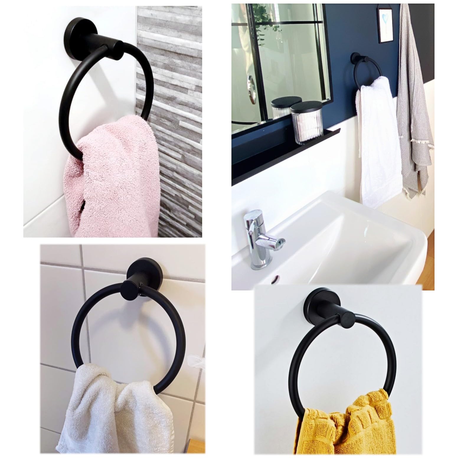 JZK Portasciugamani da bagno nero opaco da 16 cm montato a parete porta asciugamani rotondo moderno porta asciugamani in acciaio inox per bagno elegante anello asciugamano per