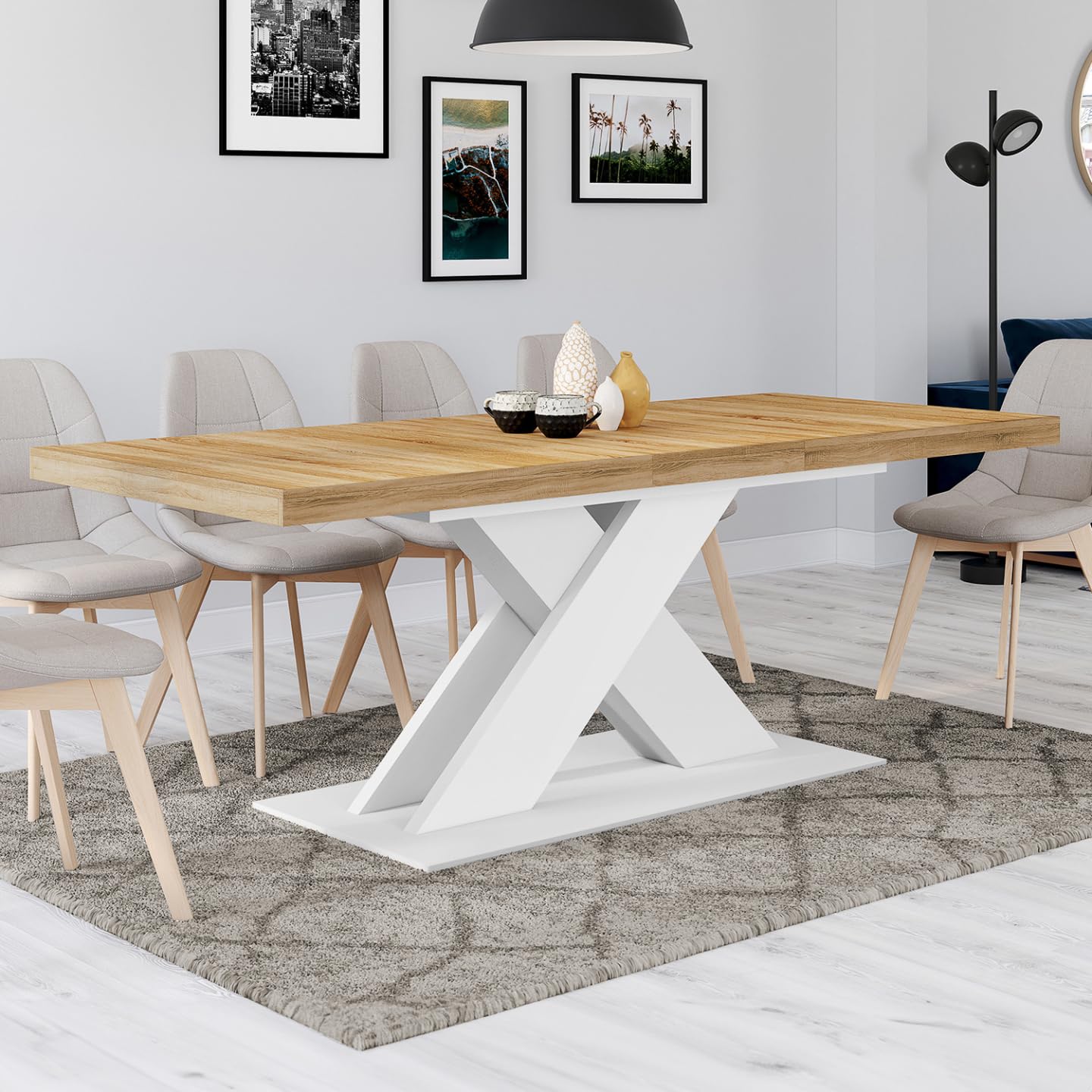 IDMarket Alicia - Mesa de comedor extensible rectangular 6-10 personas, madera y blanco, 160-200 cm