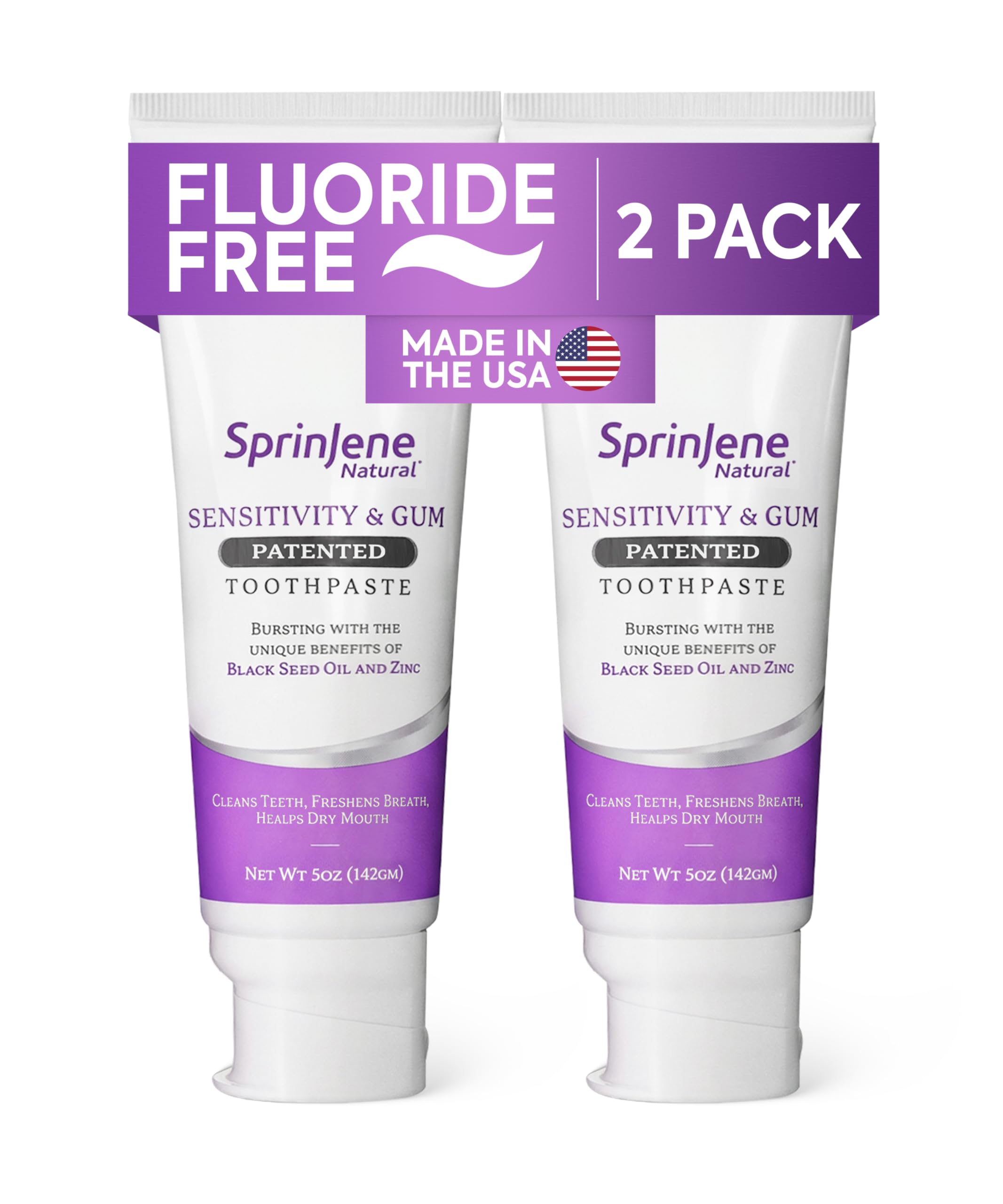 Natural Fluoride Free Toothpaste for Sensitive Teeth & Gums (Lead-Free) – Patented Toothpaste with Black Seed Oil & Zinc – Dry Mouth Prevention for Fresh Breath – Made in The USA (2 Pack)