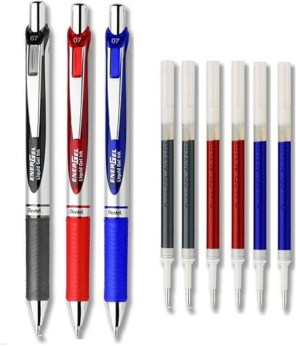 Pentel EnerGel Deluxe RTX - Bolígrafos retráctiles de tinta de gel líquido, paquete de 3 con 4 recambios (surtido, 0.028 in)