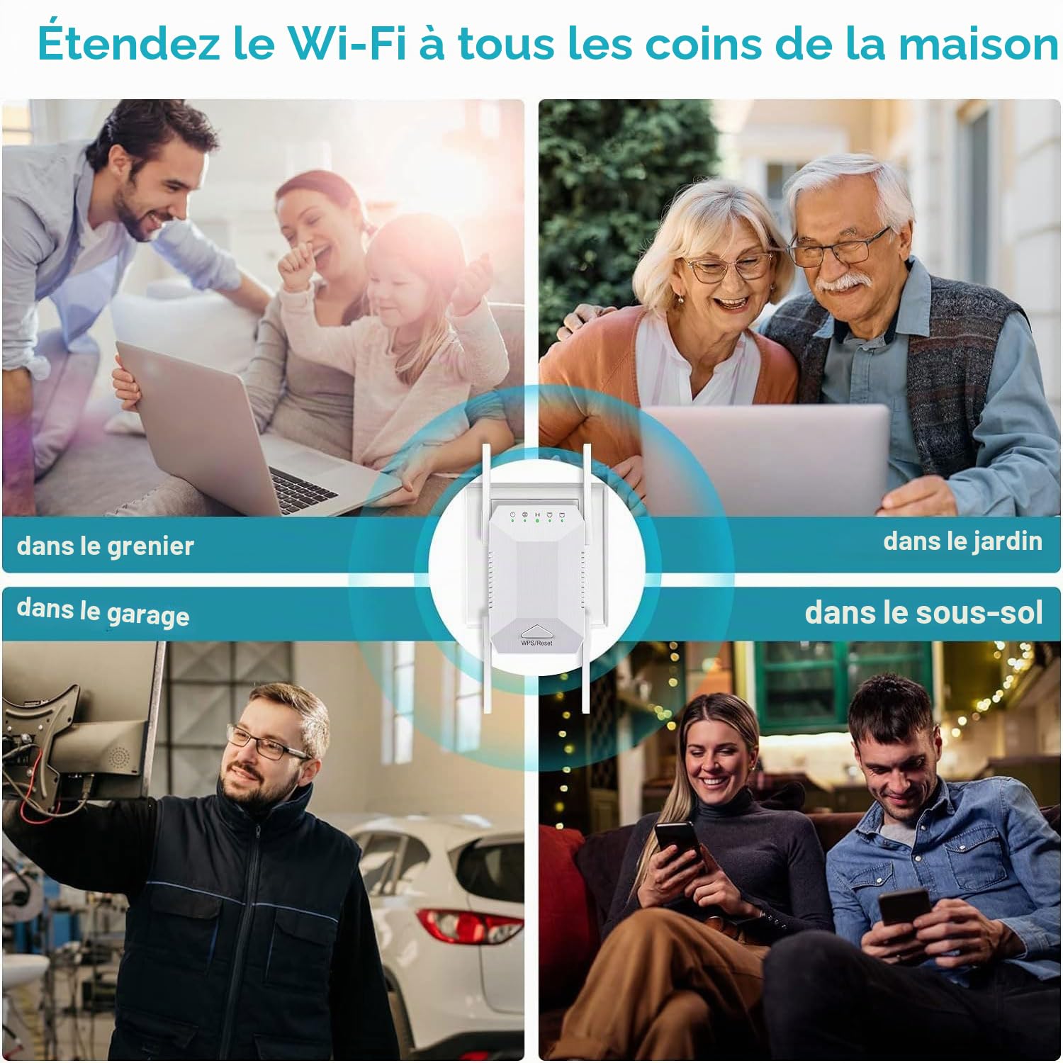 Répéteur WiFi, Home Internet Wireless Extender, 4 Antennes, Couverture Plus Large, Amplificateur de Signal WiFi avec,Port Ethernet, Compatible avec La Plupart des Appareils