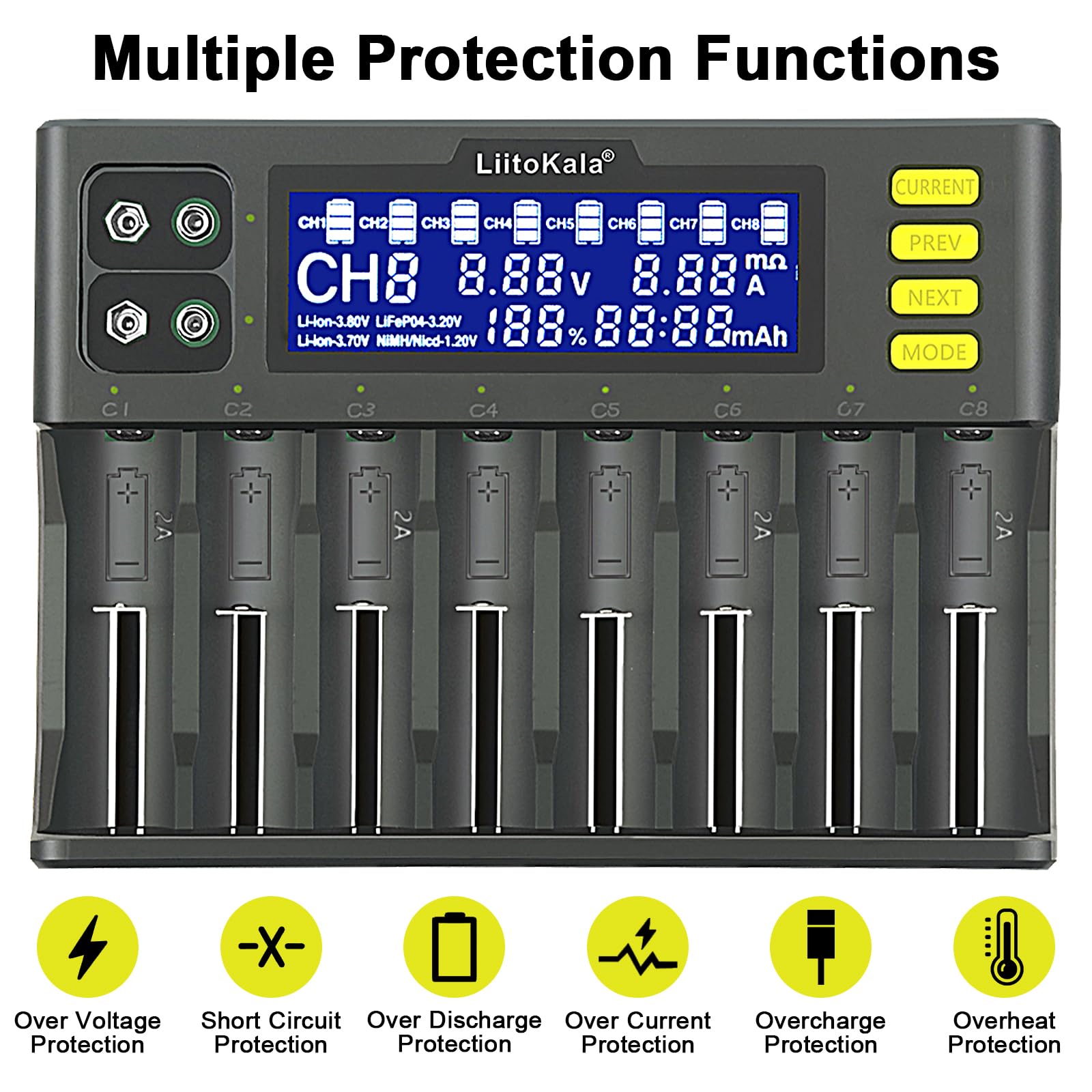 Cargador de batería MXJFYY LiitoKala LII-S8 Cargador rápido con Pantalla LCD táctil, 18650 de 8 Ranuras 9V para Li-Ion LiFePO4 Ni-MH Ni-CD AA AAA C 21700 26650 13650 16340 18700 RCR123