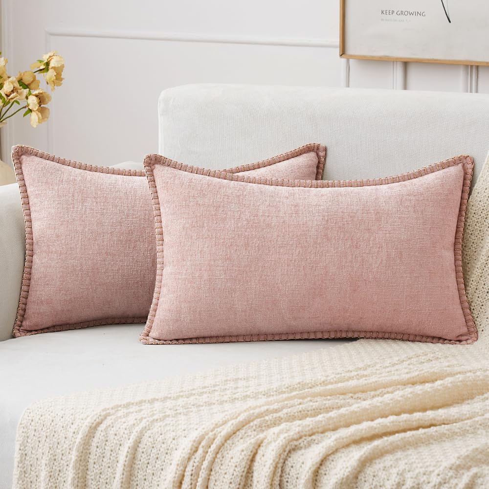 MIULEE Pack of 1Couch Throw Pillow Covers 12x20 Inch Pink Valentine Farmhouse Decorative Pillow Covers with Stitched Edge Soft Chenille Solid Dyed Spring Pillow Covers for Sofa Bed Living Room