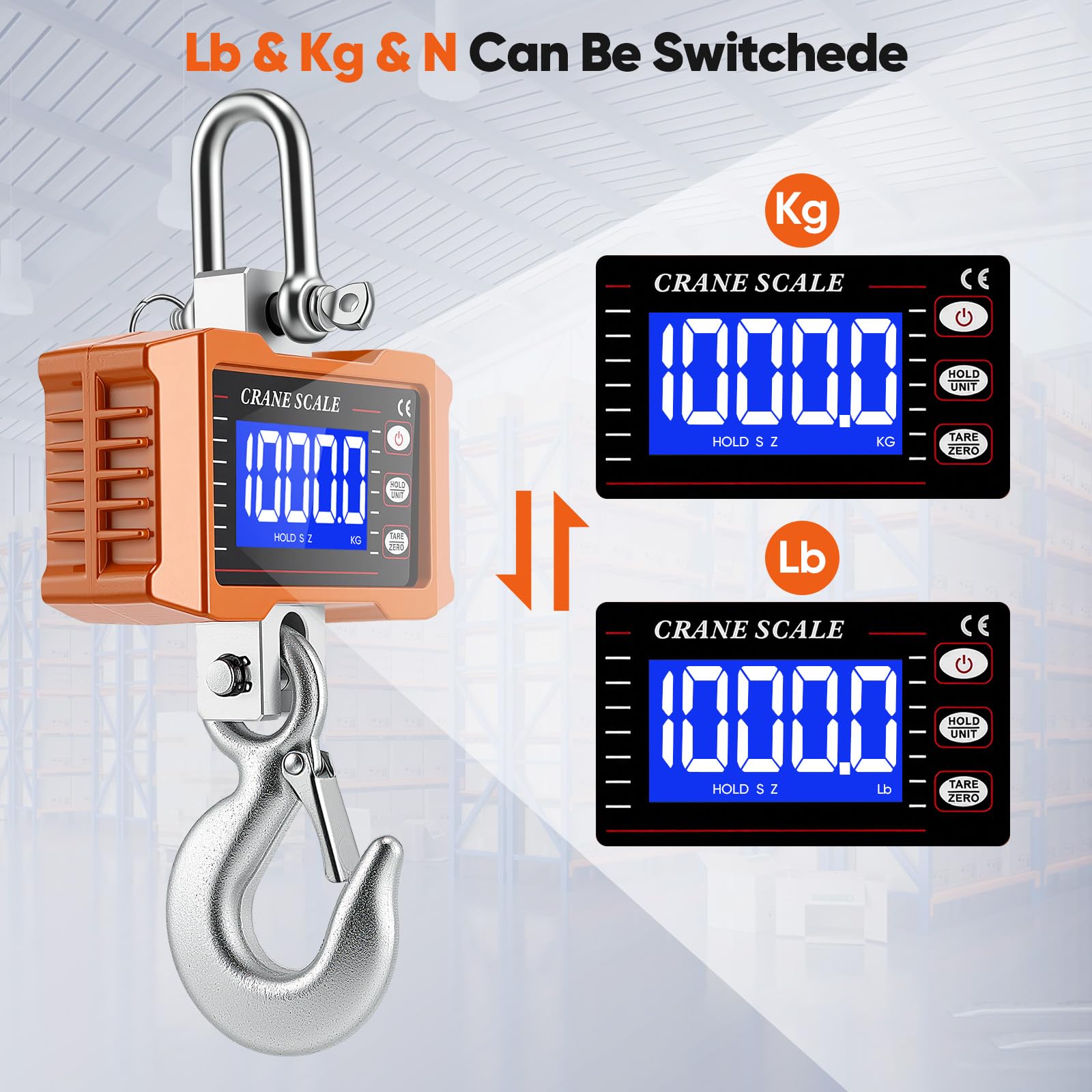 Digitale Hängewaage 2200lbs/1000kg, Elektronische Hängewaage, Aluminium Digitale Kranwaage, 1T Industrielle Hängewaage mit Präzisem Sensor, LCD-Display, Haken für Garage & Fabrik & Bauernhof