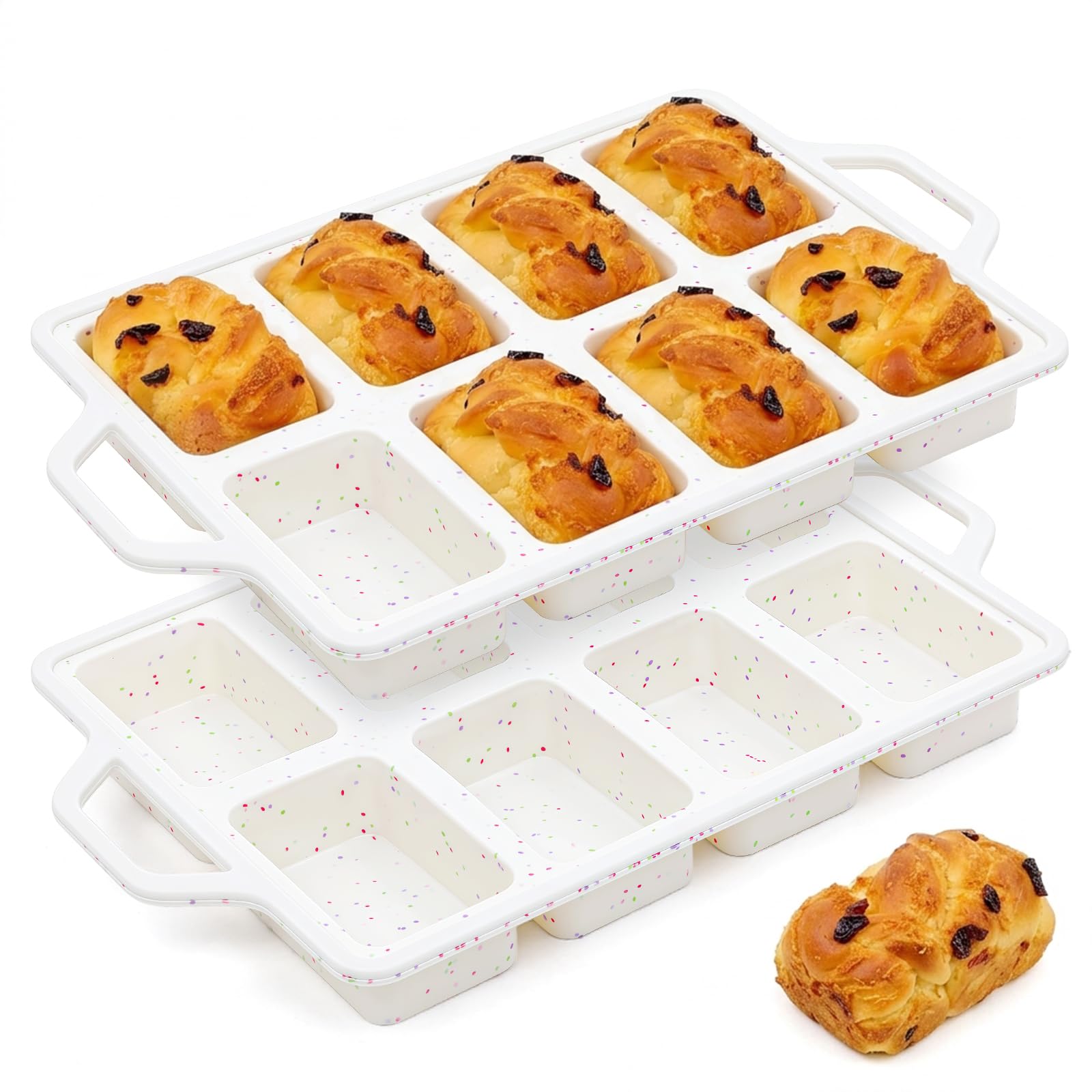 Vinino Lot de 2 mini moules à pain en silicone avec cadre renforcé en métal - Antiadhésifs - Pour la cuisson de 8 cavités - Passe au lave-vaisselle - Crème