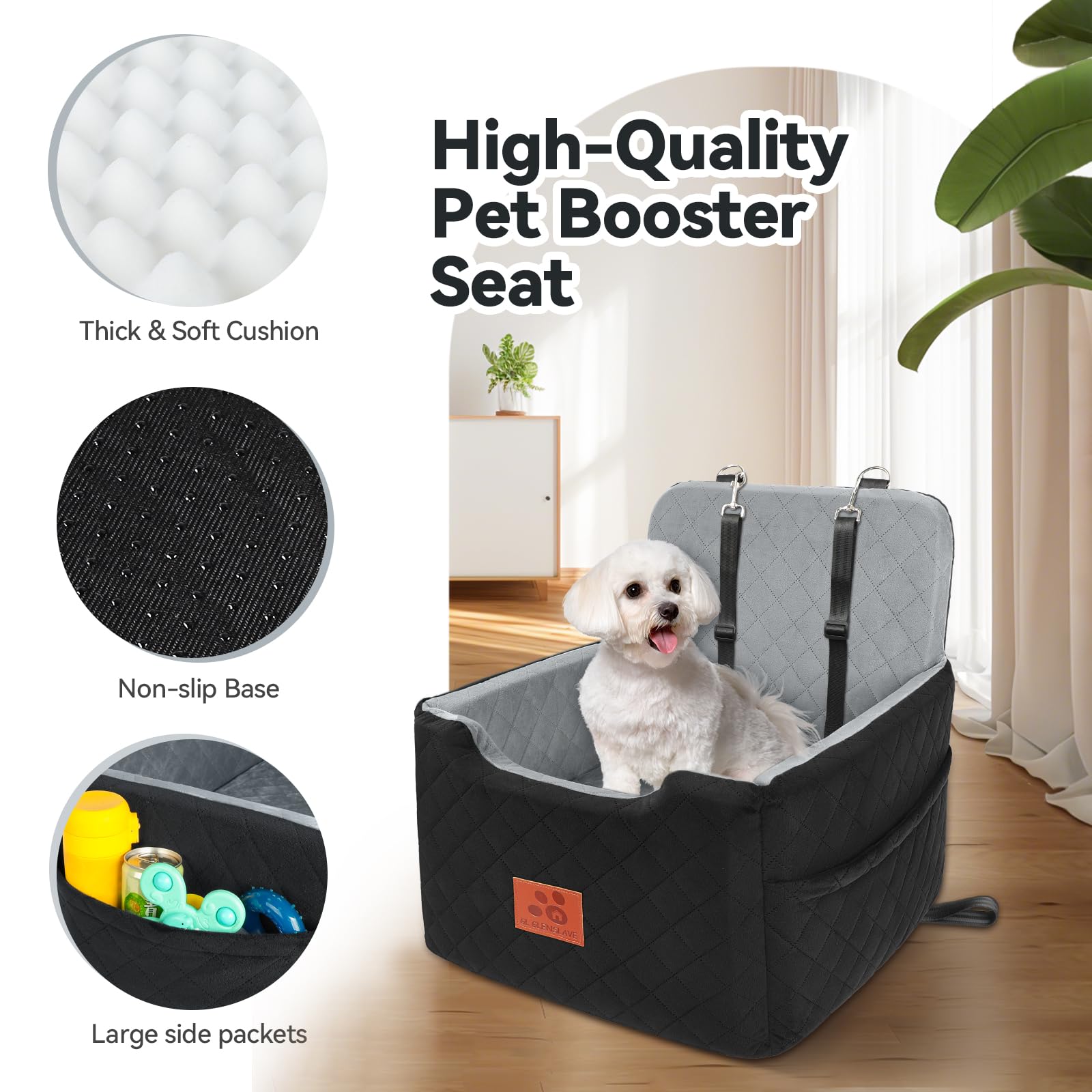 Dog Car Seat for Small/Medium Dogs Under 35lbs,Memory Foam Dog Booster Seats,Detachable and Washable Traval Pet Car Seat, Dogs Bed with 2 Safety Belts(Balck/Grey) - image 4