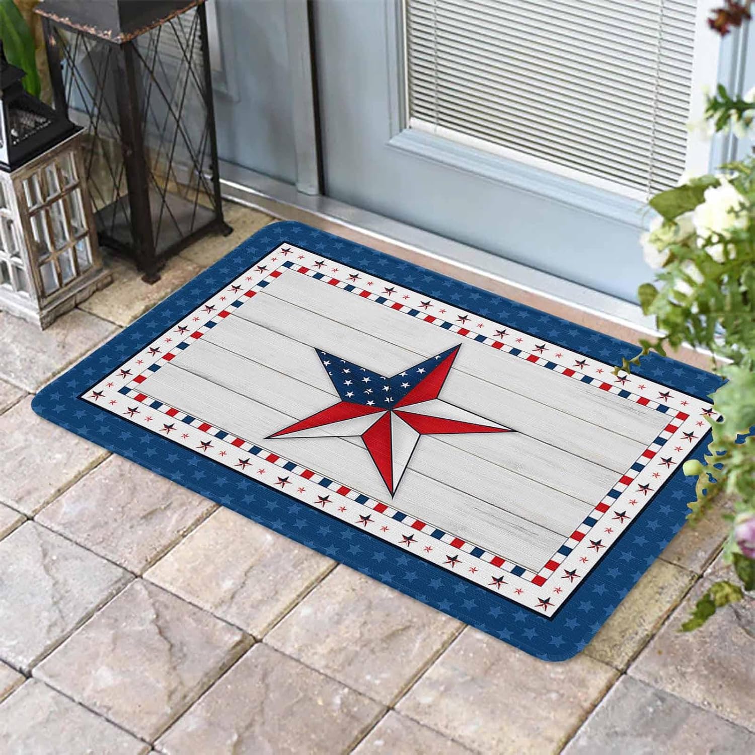 ALAGEO Doormat American Star Flag Patriotic Welcome Mat Entrance Floor Mat Wood Grain Check Plaid Blue 4th of July Door Mat Indoor Outdoor Entrance Floor Mat Non Slip Rubber Mat 18 x 30 inch