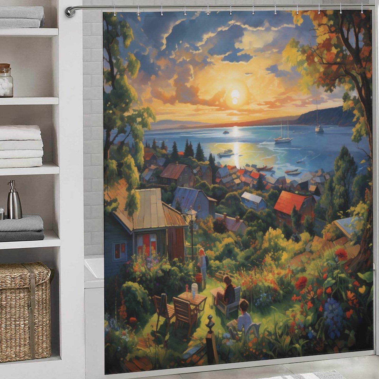 Sunset over The Harbour Shower Curtains, Waterproof Shower Curtain Bathroom Curtains, With 12 White Plastic Hooks, 72x72Inch (183x183cm)