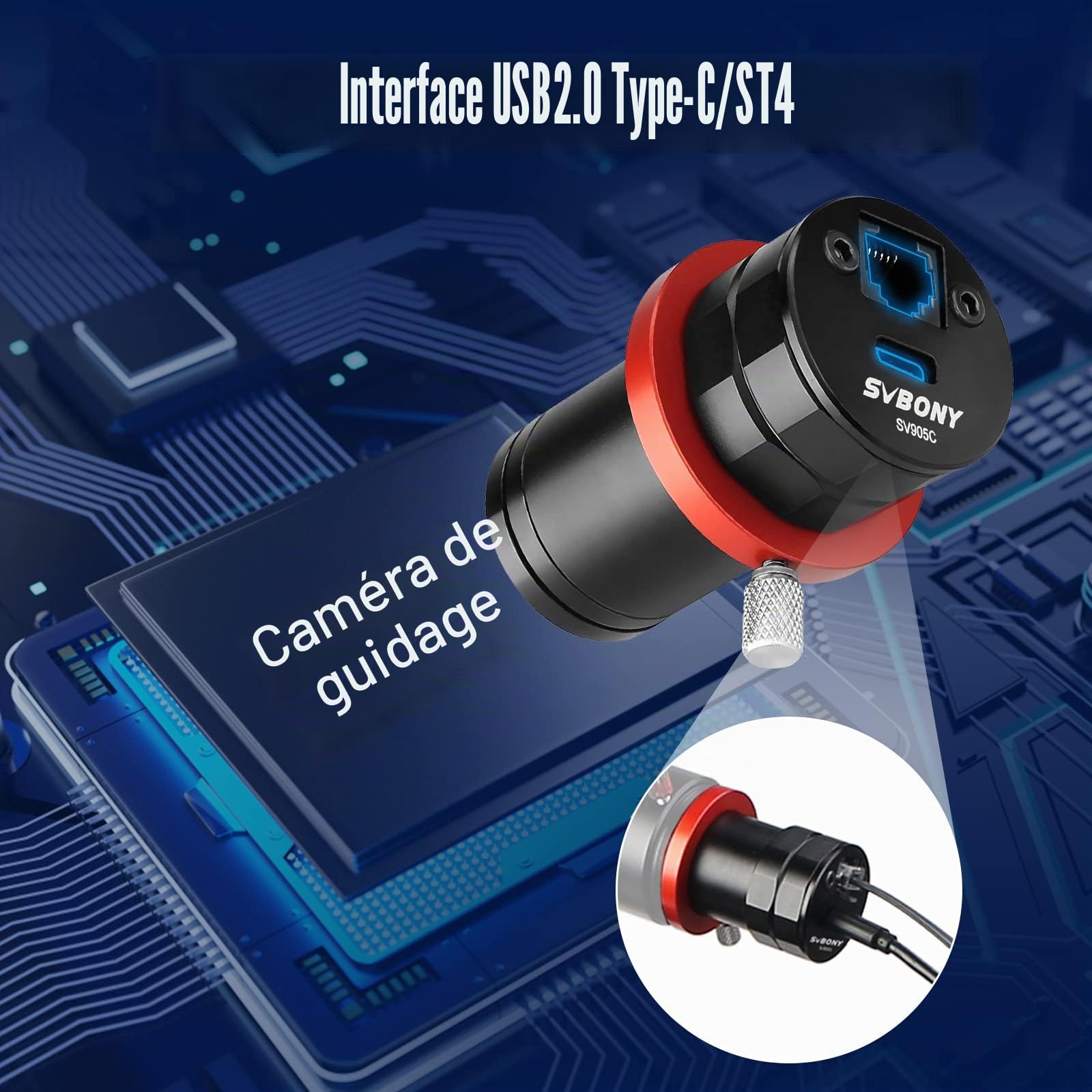 Svbony SV905C Caméra pour Télescope, Caméra d'autoguidage 1,25", Capteur CMOS Couleur 1,23 MP, USB 2,0, Revêtement AR, Port de Guidage ST4, Accessoire pour Télescope Destiné à L'astrophotographie