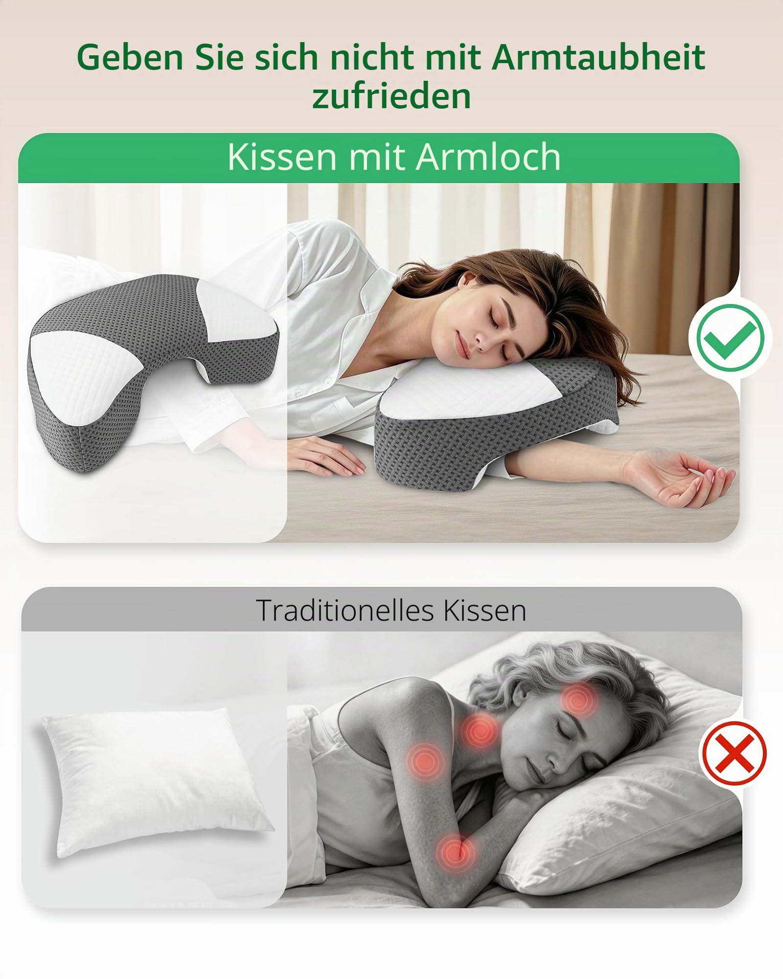 Seitenschläferkissen Memory Foam mit Armloch, 55/38x35.5x15cm | Speziell für Seitenschläfer zur Druckentlastung für Schultern & Arme, Mittelfest, CertiPUR-US Memory-Schaum, OEKO-TEX Stoff