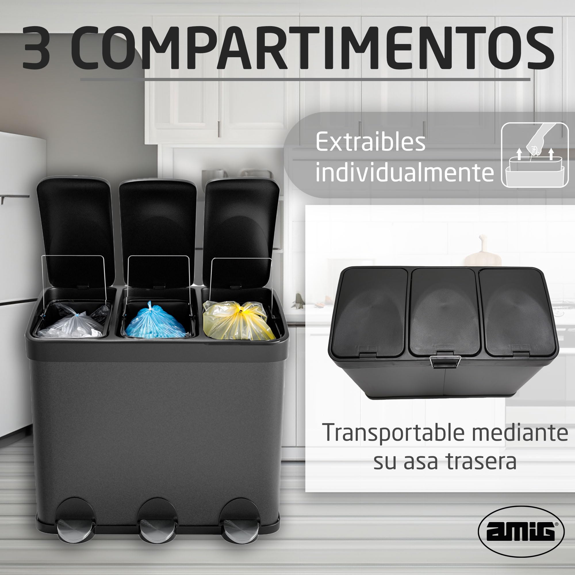 Amig - Cubo de Basura Triple con Pedales 45 litros - 3 Compartimentos Extraíbles de 15 litros - Cubo de Reciclaje para Cocina - Acero - 60 x 37 x 49 cm - Negro Mate