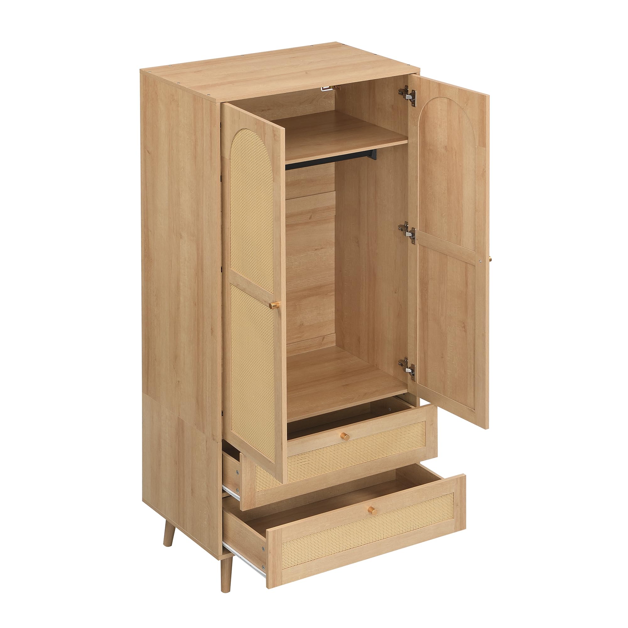Armadio in legno naturale, armadio multiuso con design in rattan, asta appendiabiti, scaffali, armadio moderno per camera da letto, corridoio e spogliatoio, naturale