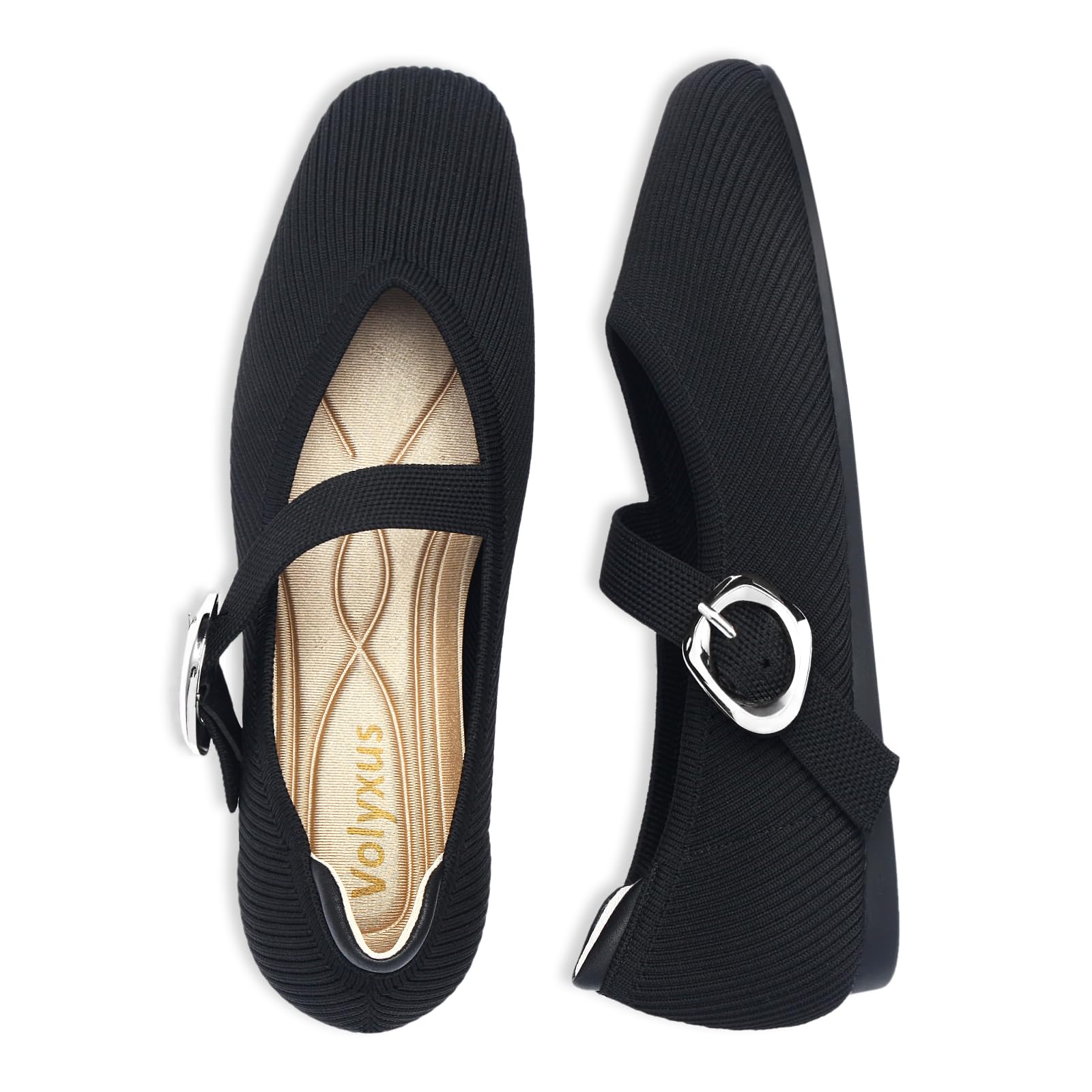 Mary Jane Women's Square Toe Comfortable Elegant Knitted Ballet Flats with Strap Slip On Washable Casual Office Shoes, black, 6 UK