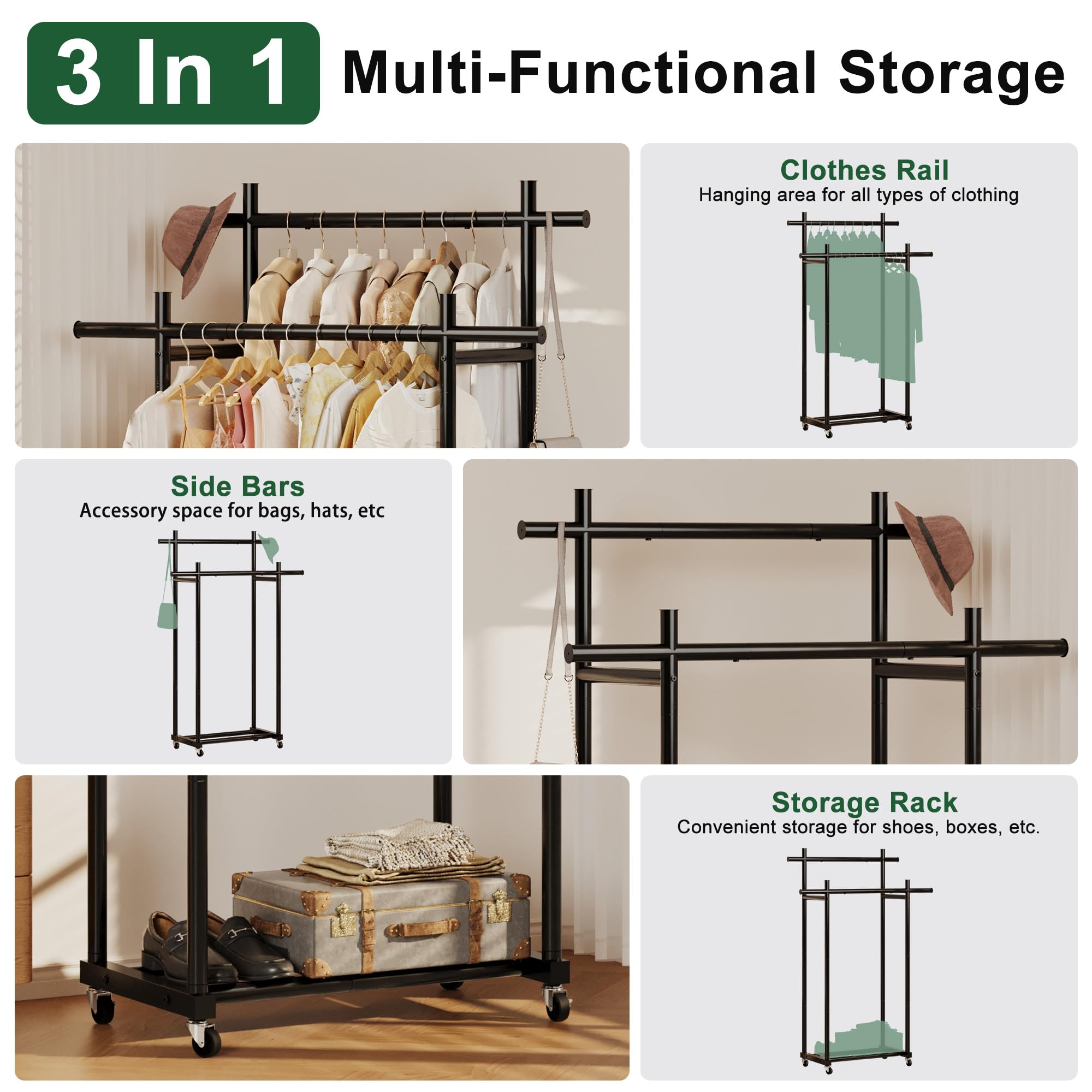 Lutown-Teen Portant à Vêtements en Métal Robuste sur Roulettes, Portant Vetement Solide avec Capacité de Charge de 60 kg, Montage Facile, Double Tringle, Noir