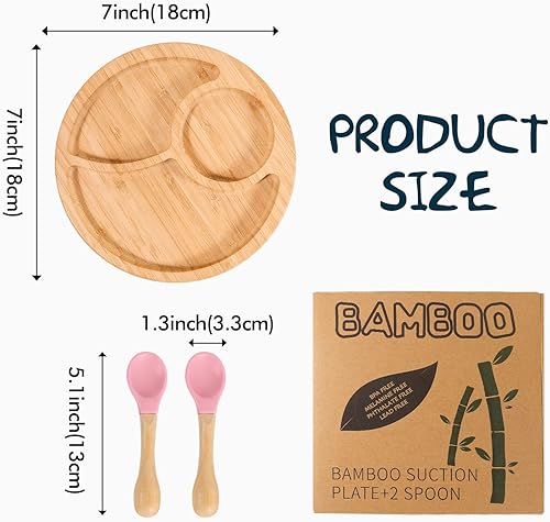 Miniatura 5 de Plato de bambú para bebés con succión de silicona + 2 cucharas de punta suave para bebés (rosa)