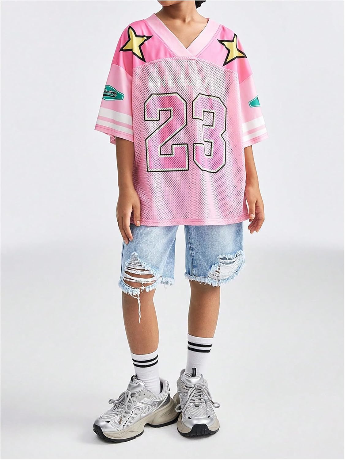 Floerns Girl's Jersey Shirt Printed Oversized Short Sleeve Mesh Tee Shirts V Neck Sport Jersey Shirts - Image 4