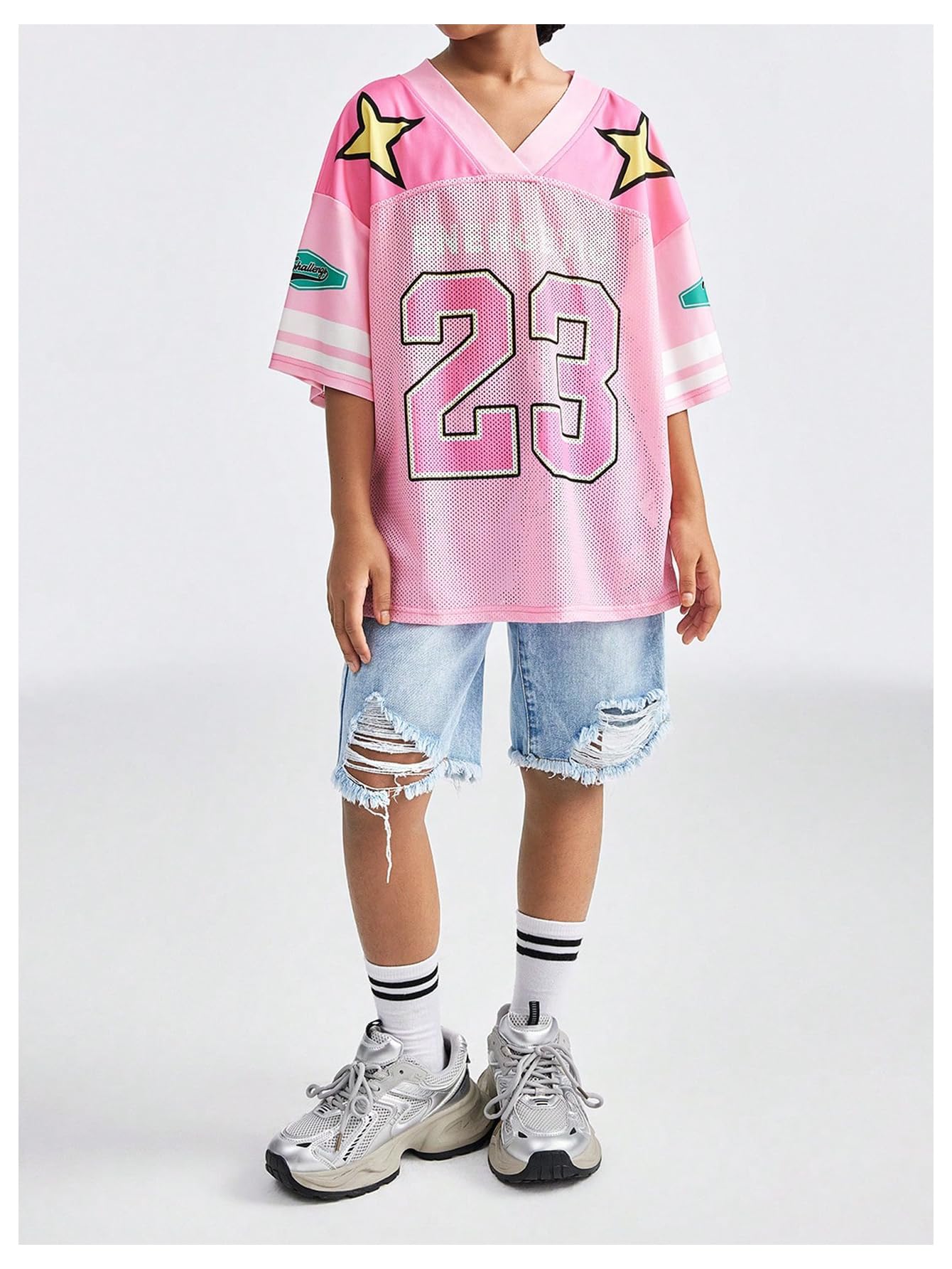 Floerns Camicia in jersey da ragazza stampata oversize a maniche corte in rete con scollo a V camicie sportive in jersey