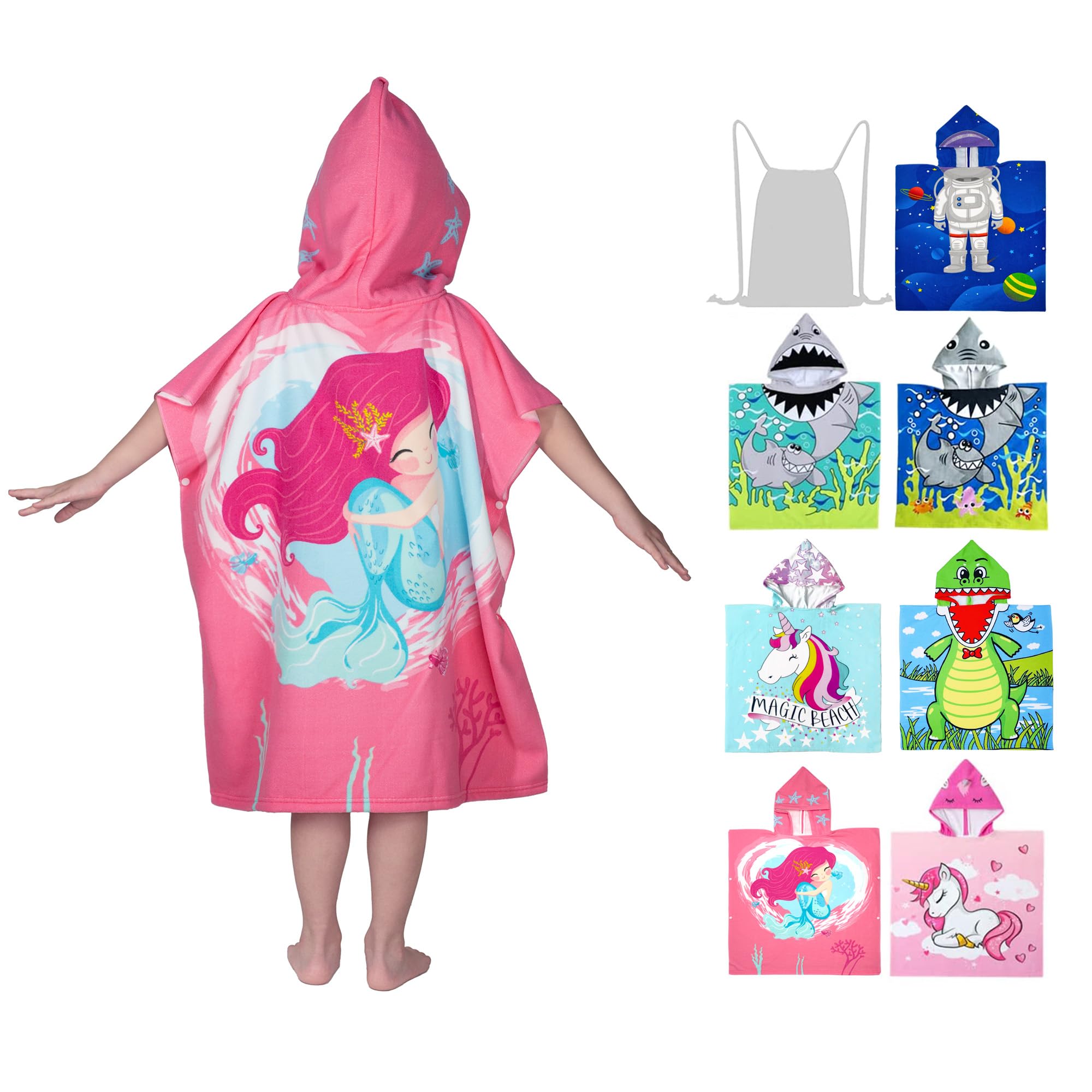 growell Hooded Kids Beach Towels - Toddler Bath Towel Girls Boys Swim Cover-ups for Ages 4 to 10 Kids Pool Towels Quick Dry Lightweight Soft Microfiber Poncho 30x30 with Bag (Mermaid Smile)