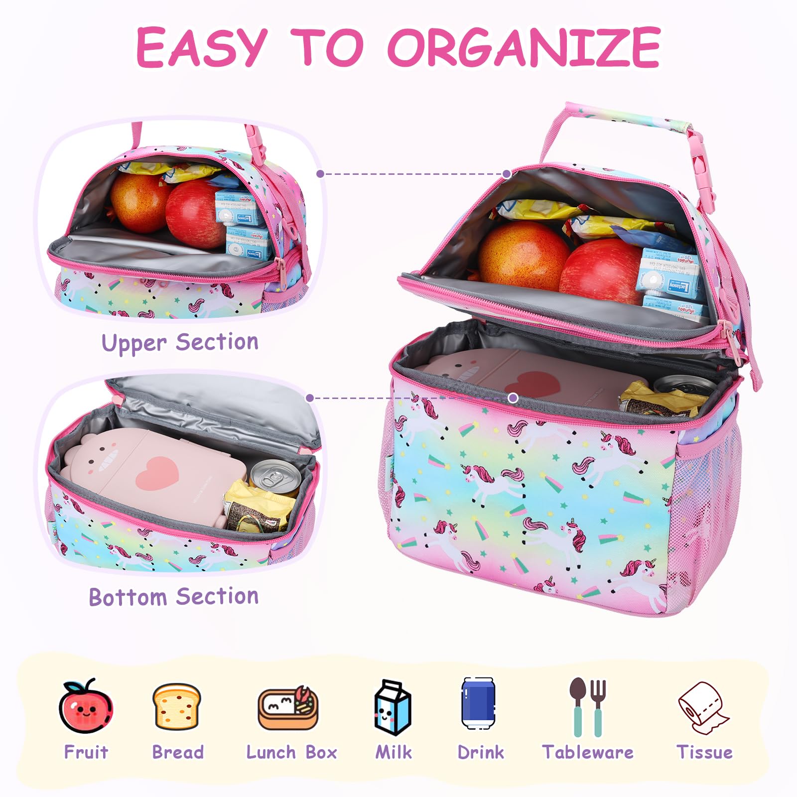 VASCHY Lunch Bag for Kids Insulated Lunch Box Double Compartments Cooler Lunch Tote for Toddlers Boys Girls School/Daycare/Picnic Rainbow Unicorn - Image 3