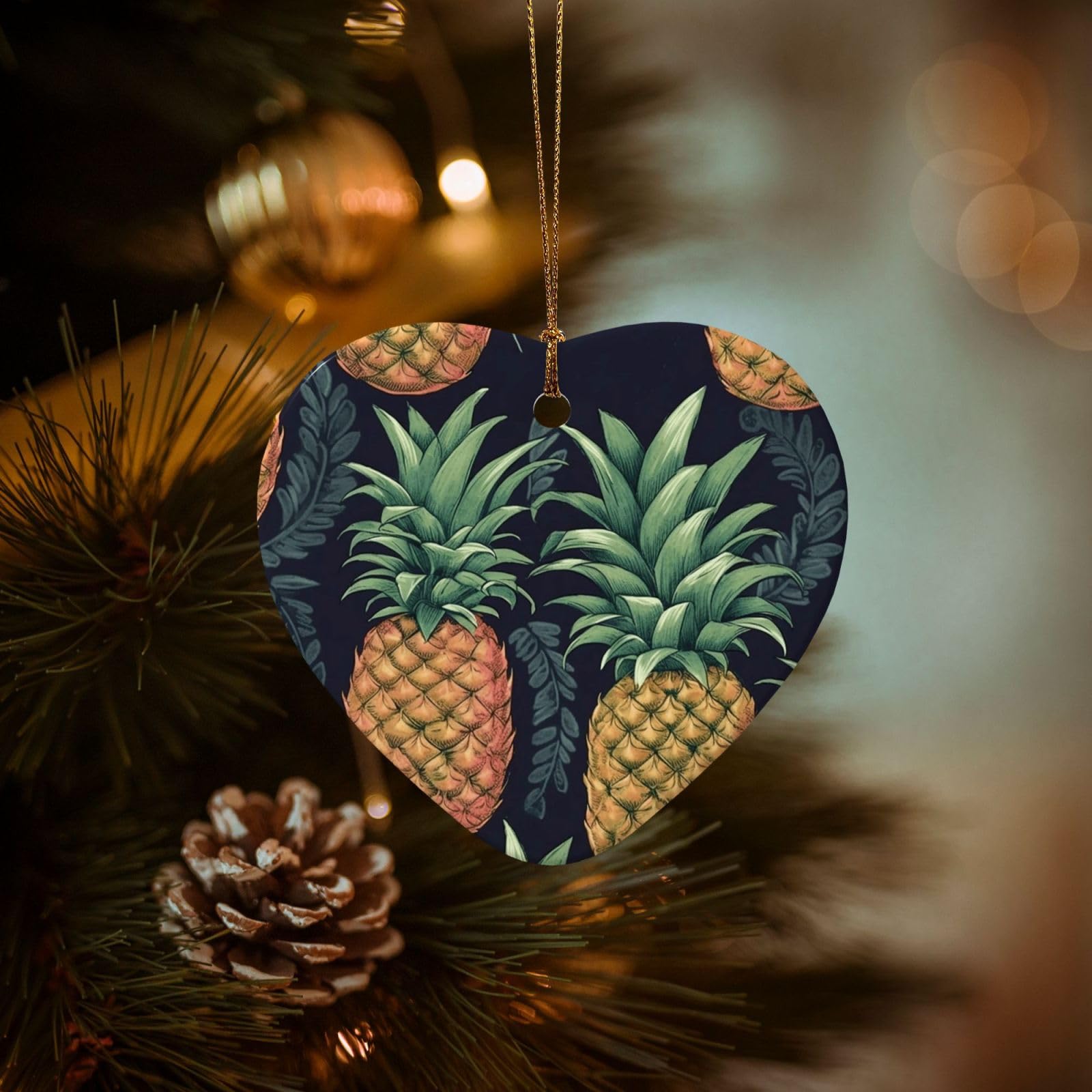 Christmas Tree Ornaments Ceramics Christmas Decorations Pineapple Ornaments with Gold Ribbon Porcelain Xmas Tree Crafts Heart Shape Hanging Pendant for Christmas Tree Party Decor