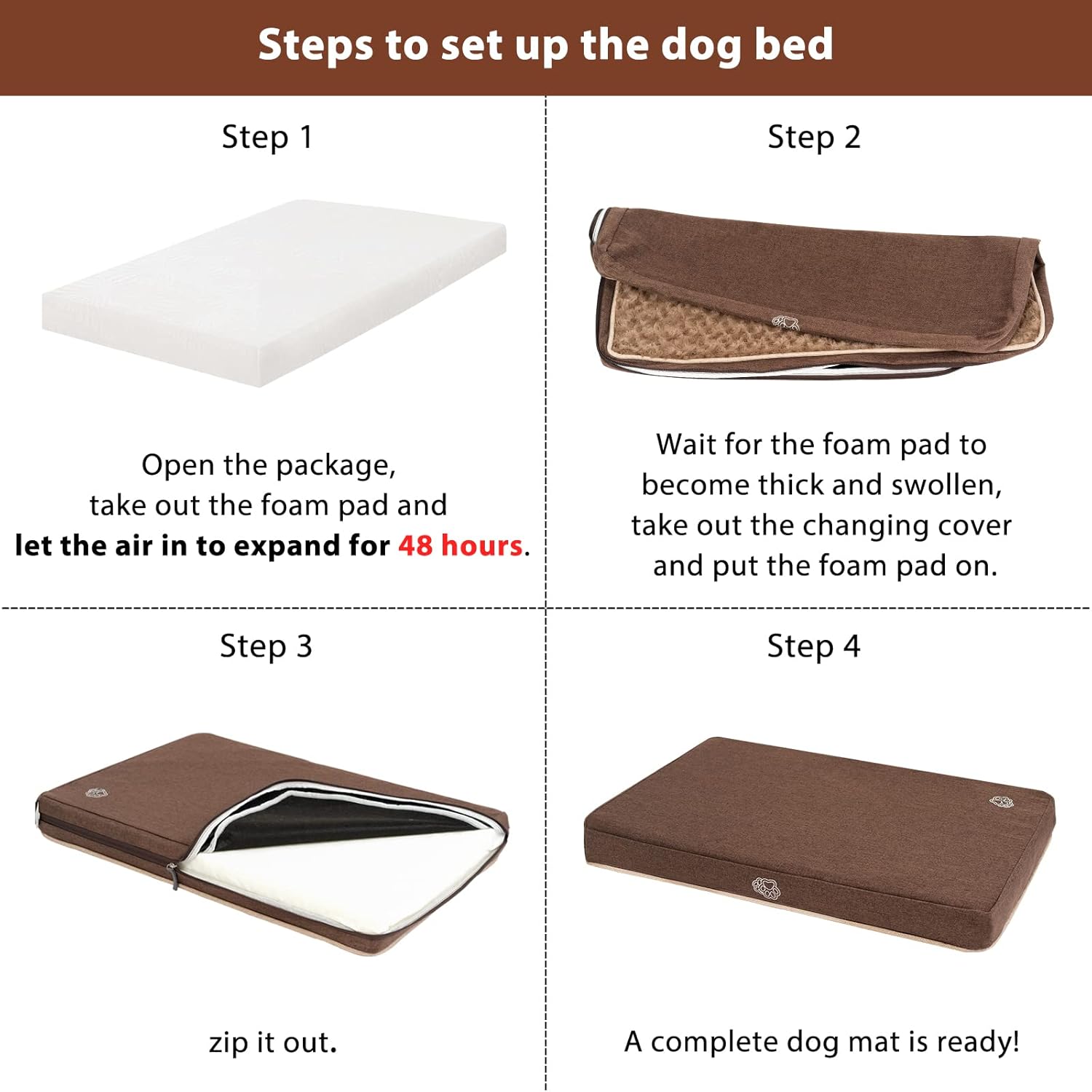 EMPSIGN Waterproof Dog Bed Mat, Reversible Crate Bed with Removable Washable Cover & Waterproof Liner, Supportive Foam Pet Bed for Cats & Small Dogs, Brown Cuddle Rose : Pet Supplies