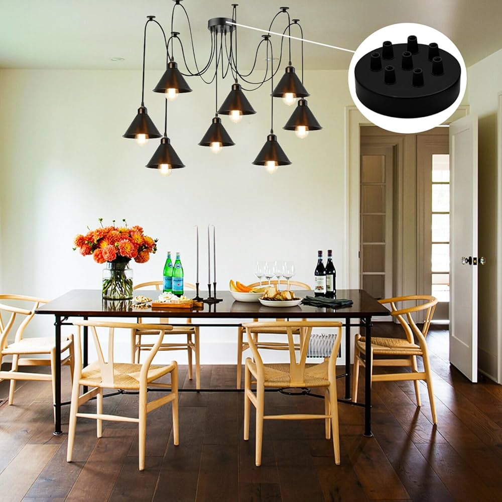 Rosone Da Soffitto Nero Con 4 Prese - Diametro 200mm, In Metallo, Per Lampade E Cablaggi - Foto 10