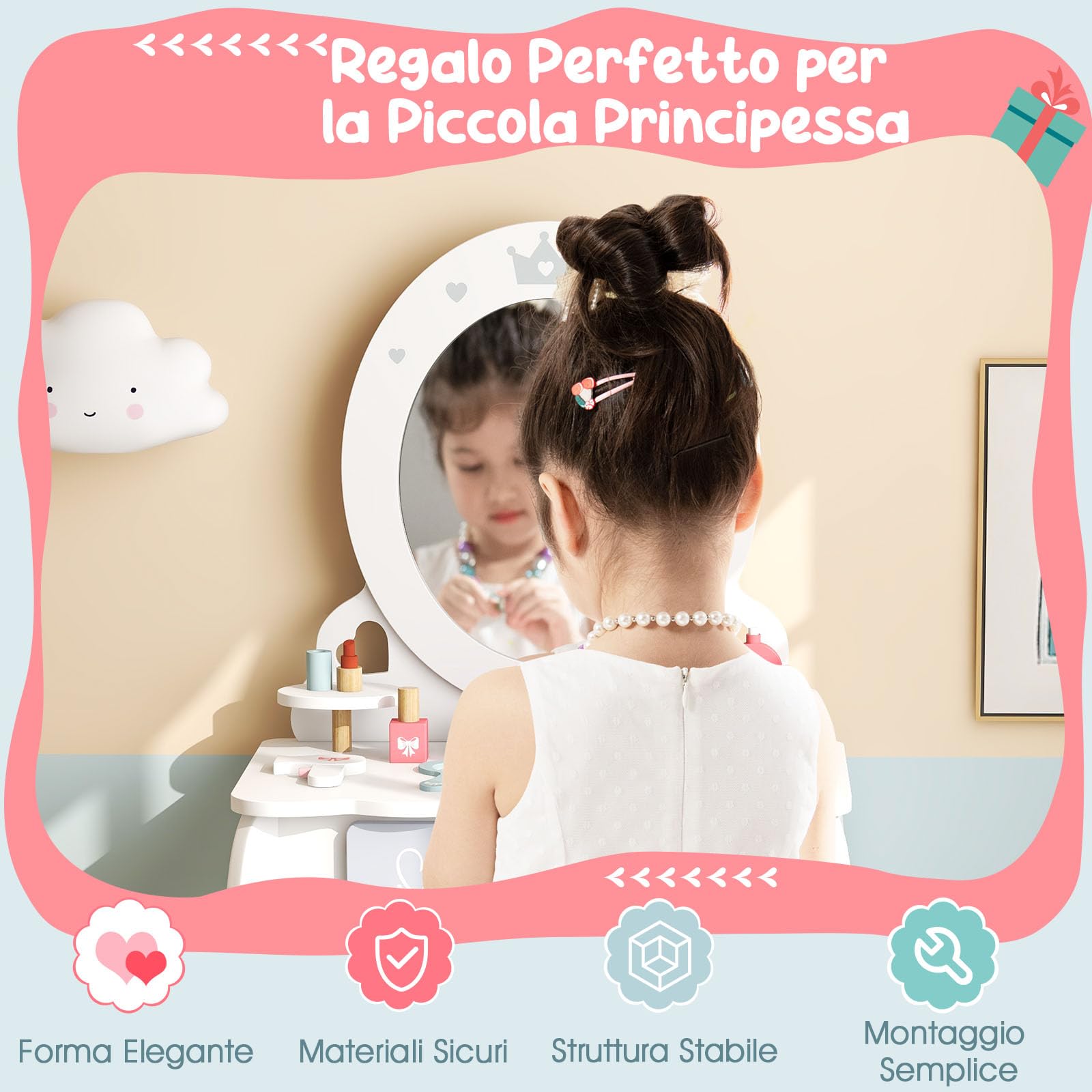 COSTWAY Toeletta Trucco 2 in 1 per Bambina, Specchiera Staccabile per Ragazza in Legno con Sgabello, Cassetto, Ripiani e Giocattoli, Postazione Trucco per 3 Anni, 50 x 34 x 93 cm, Bianco