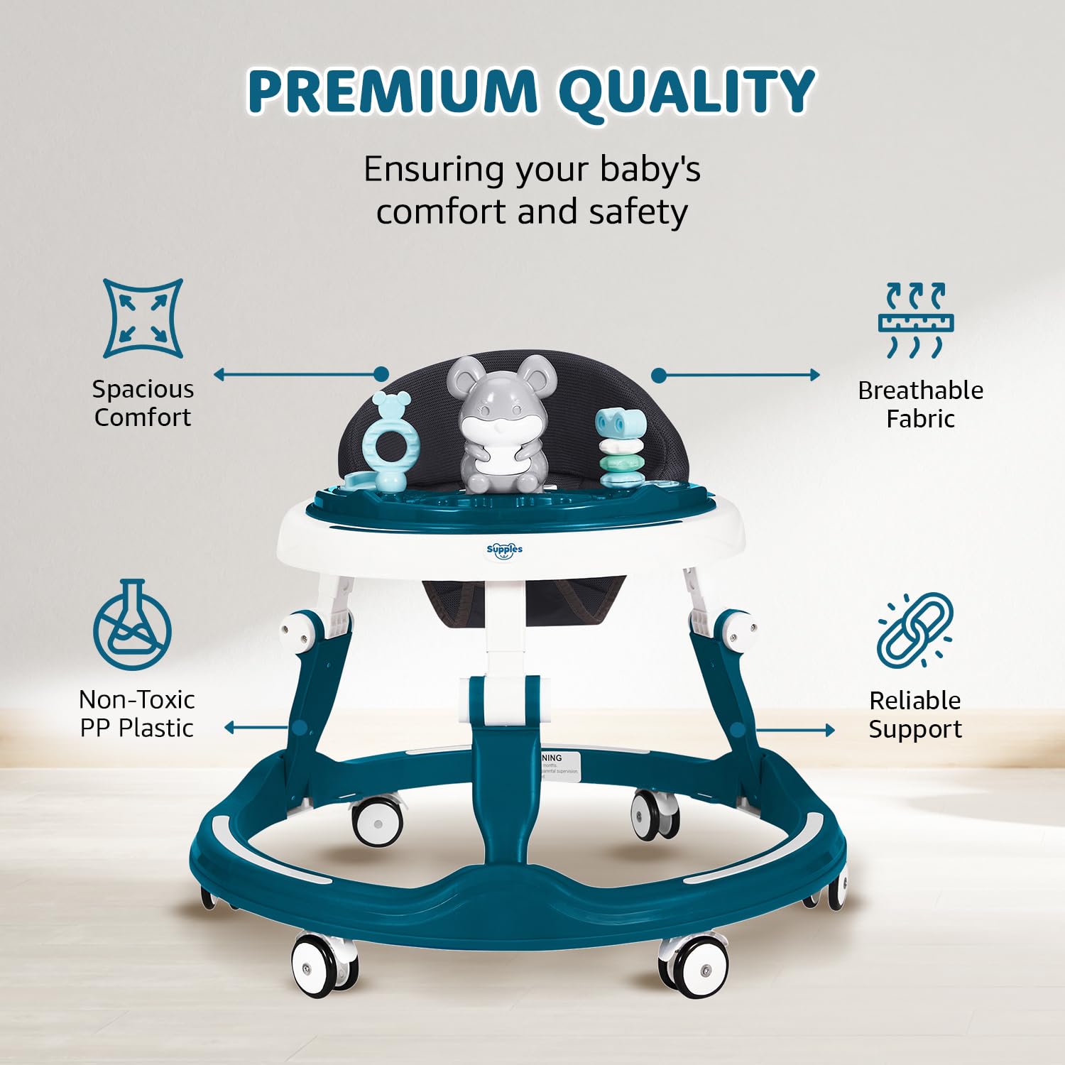 Amazon Brand - Supples Baby Walker (Musical) | Kids Walker with Toys | Baby Walkers for Boys & Girls 9+ Months | Adjustable Height Walker with RGB Lights | Sea Green & White - Image 5 thumbnail