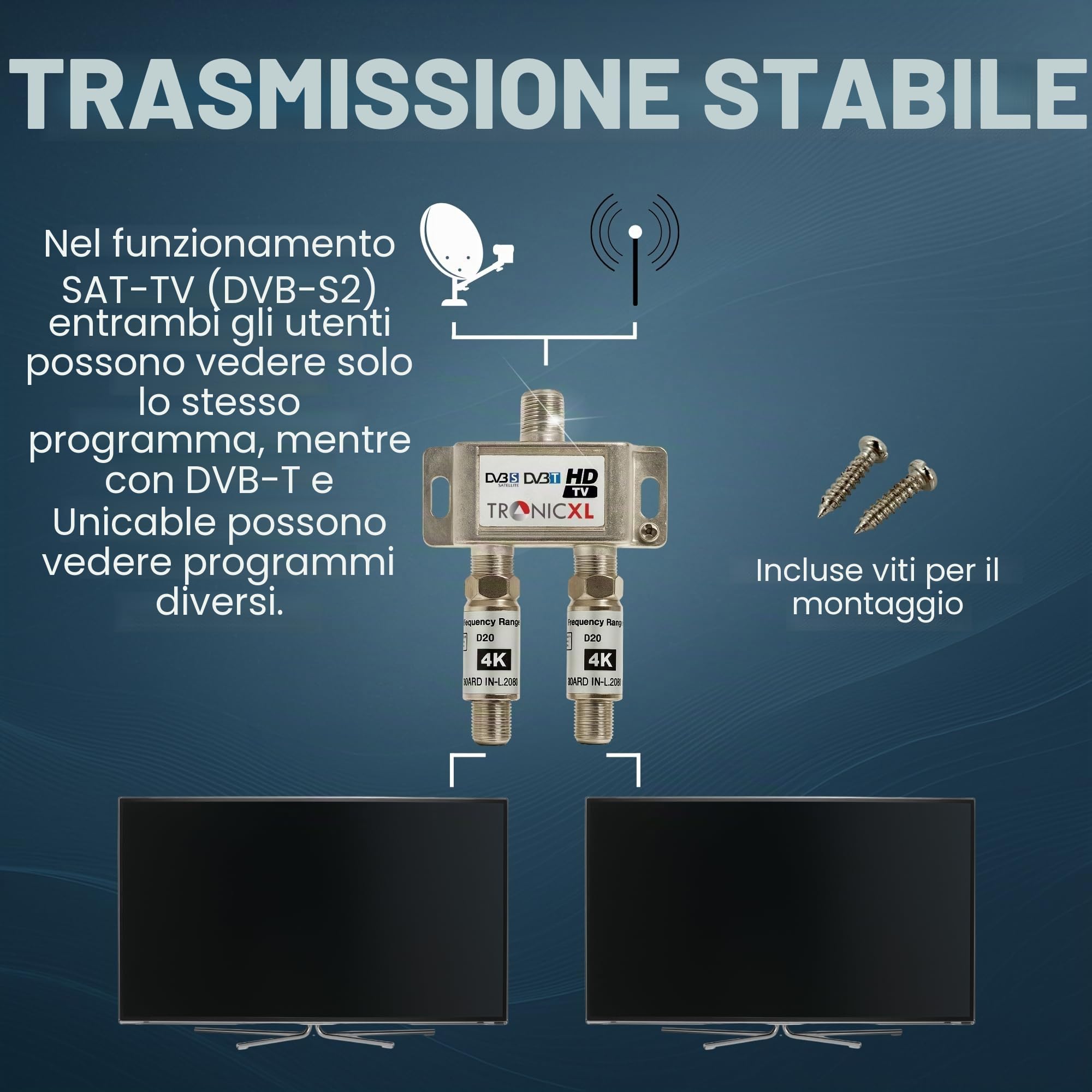 TronicXL Splitter satellitare a 2 vie 40 dB amplificatore I distributore antenna morbido DVB-S2 DVB-T2 morbido con amplificatore antenna per amplificatore di segnale 3D 4K HDTV per una buona ricezione