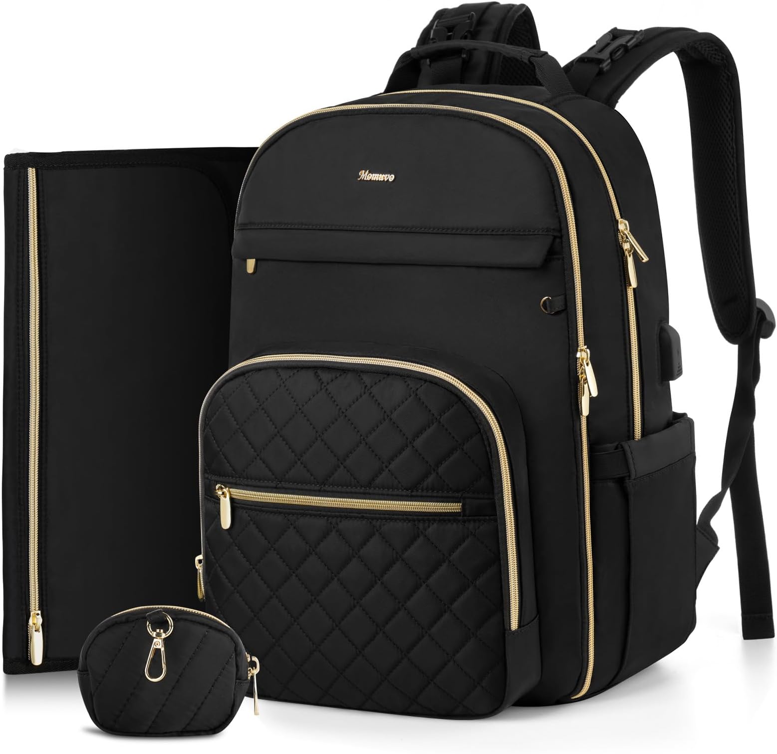 - Diaper Bag Backpack, Quilted Baby Bag with Changing Pad and Stroller Straps and Pacifier Case, Large Travel Diaper Bags for Mom Dad,Black