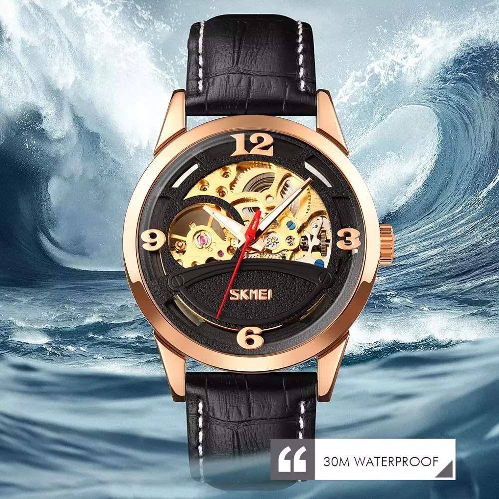 MASTOP Herren-Armbanduhr, automatisch, mechanisch, Skelett-Zifferblatt, wasserdicht, leuchtende Zeiger, Leder, analoge Armbanduhr